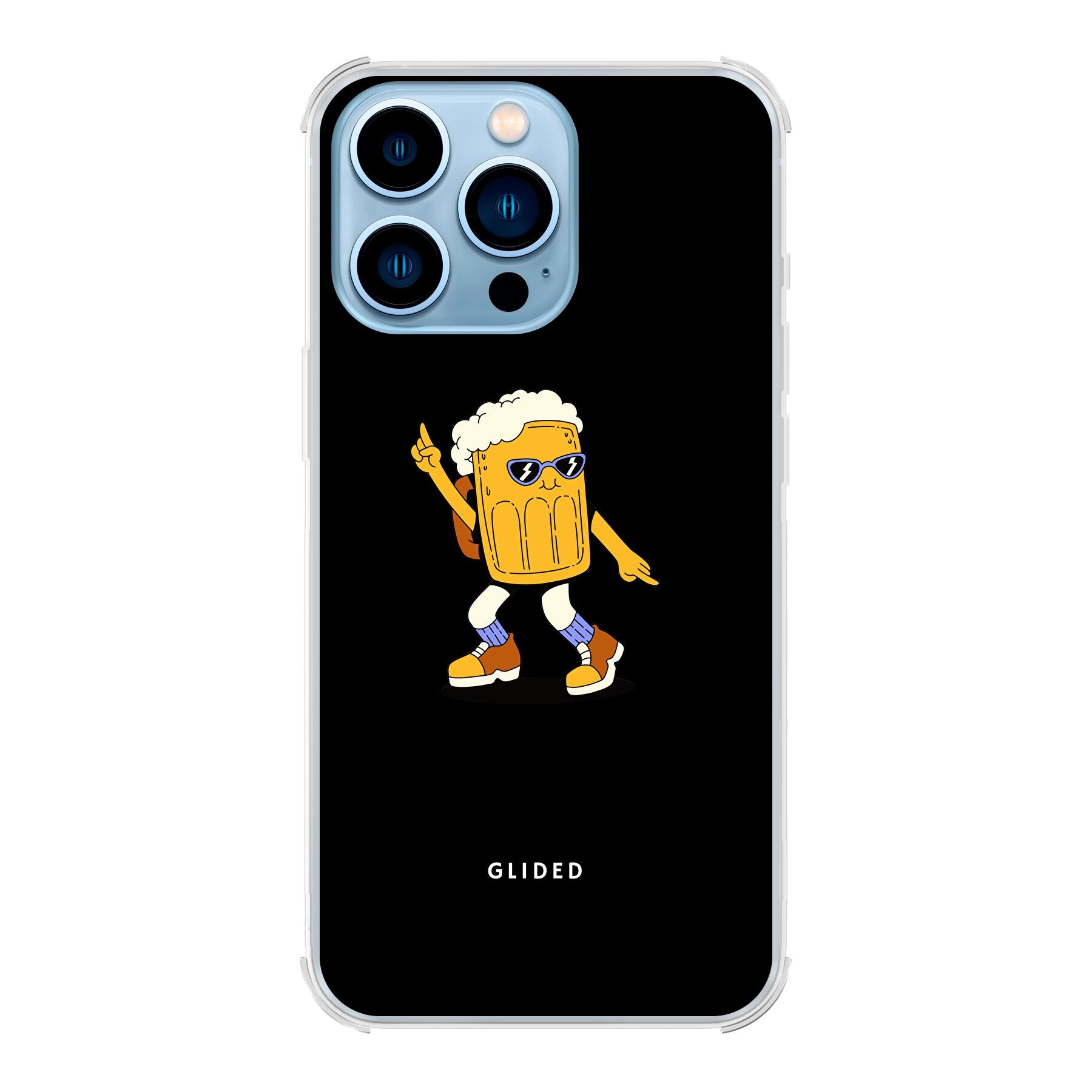 Brew Dance Handyhülle für iPhone 13 Pro Max mit einem fröhlichen tanzenden Bier auf buntem Hintergrund.