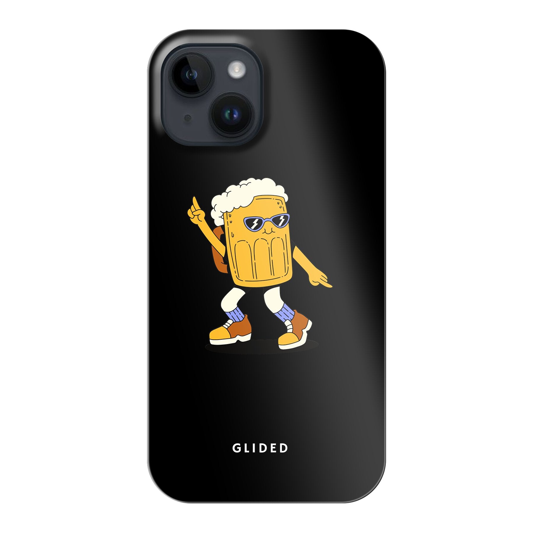 Brew Dance iPhone 14 Handyhülle mit fröhlichem tanzendem Bierdesign auf lebhaftem Hintergrund.