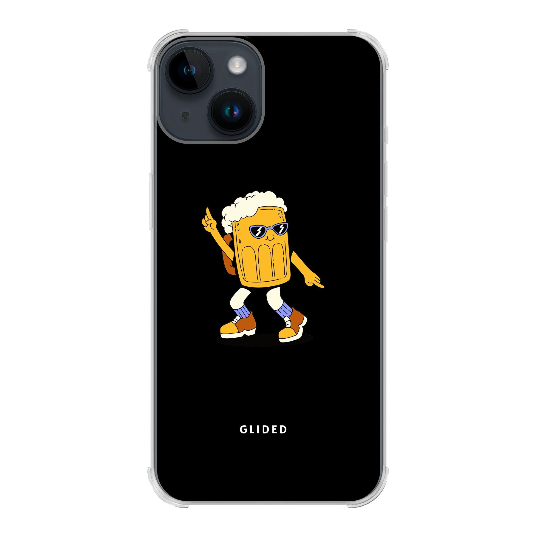 Brew Dance iPhone 14 Handyhülle mit fröhlichem tanzendem Bierdesign auf lebhaftem Hintergrund.