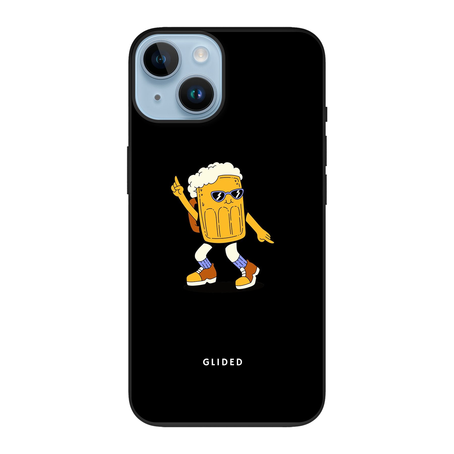 Brew Dance iPhone 14 Handyhülle mit fröhlichem tanzendem Bierdesign auf lebhaftem Hintergrund.