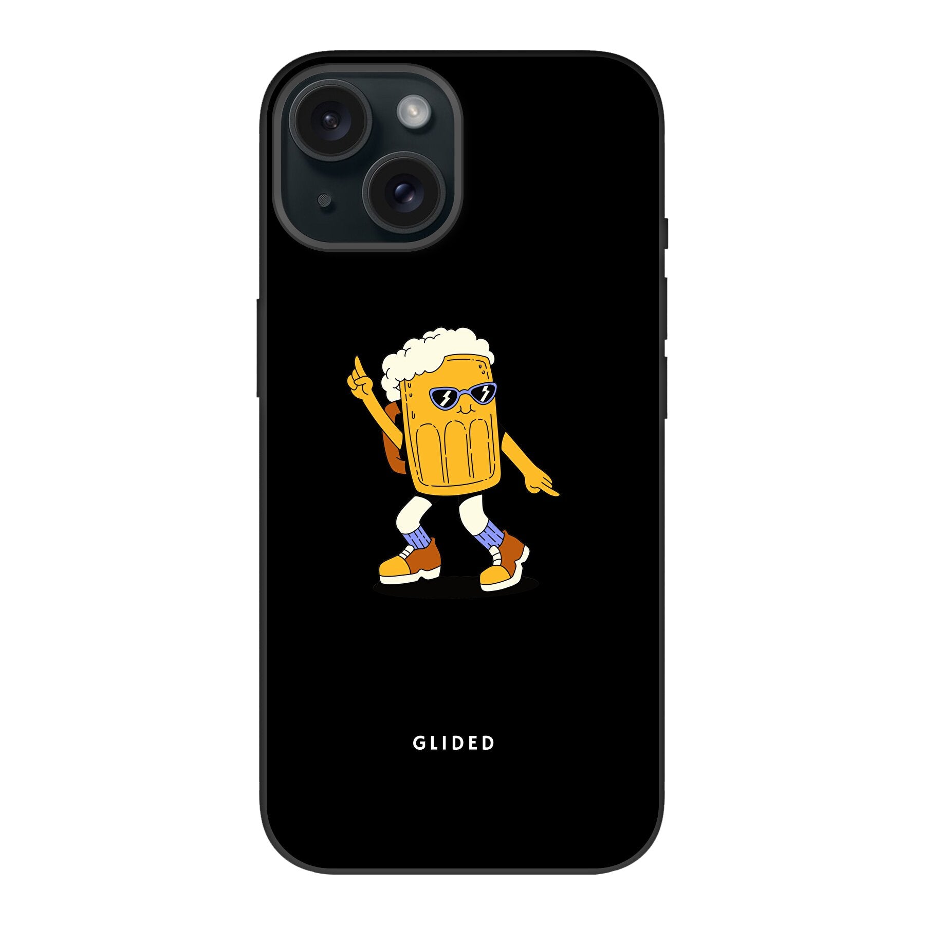 Brew Dance iPhone 15 Handyhülle mit fröhlichem tanzendem Bierdesign auf lebhaftem Hintergrund.