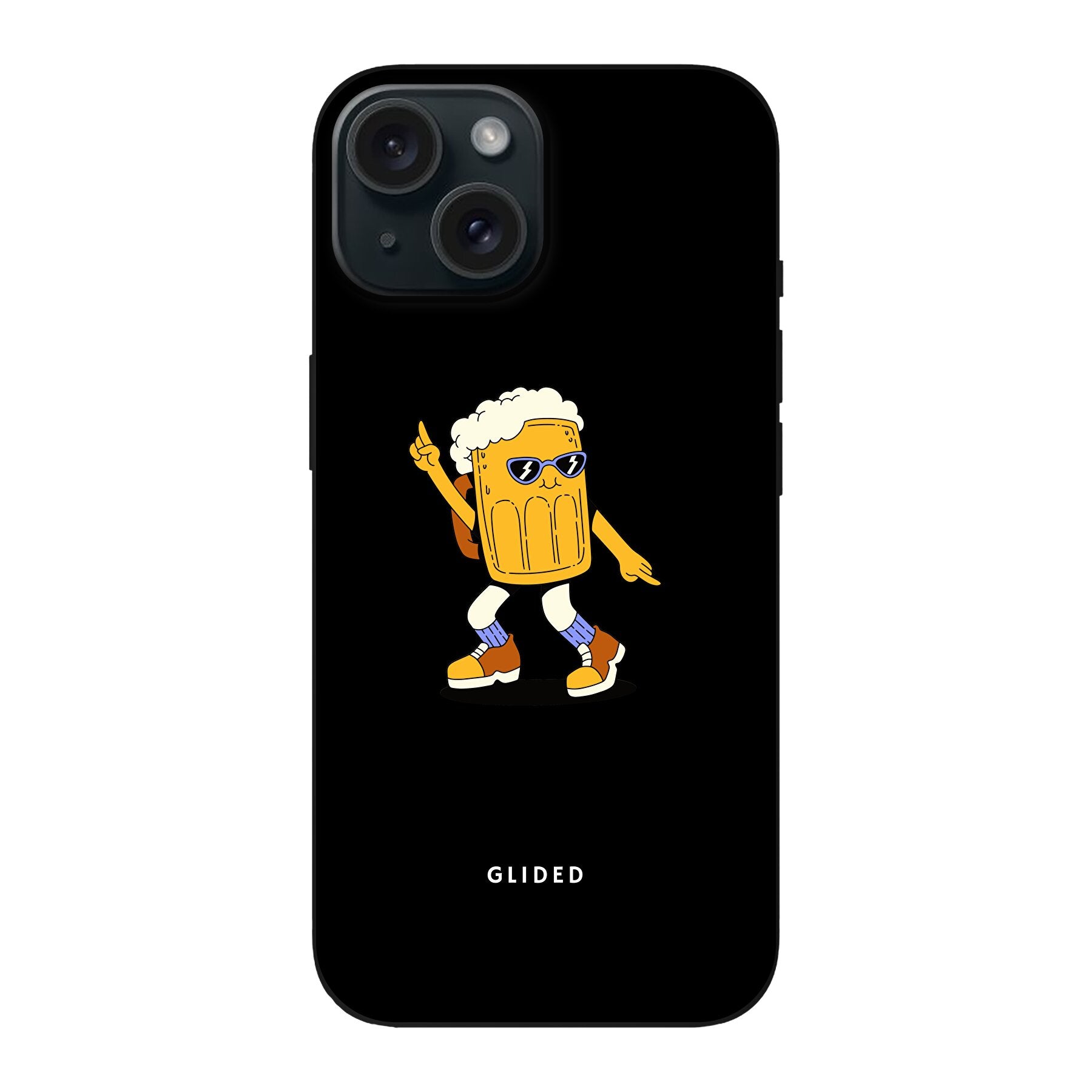 Brew Dance iPhone 15 Handyhülle mit fröhlichem tanzendem Bierdesign auf lebhaftem Hintergrund.