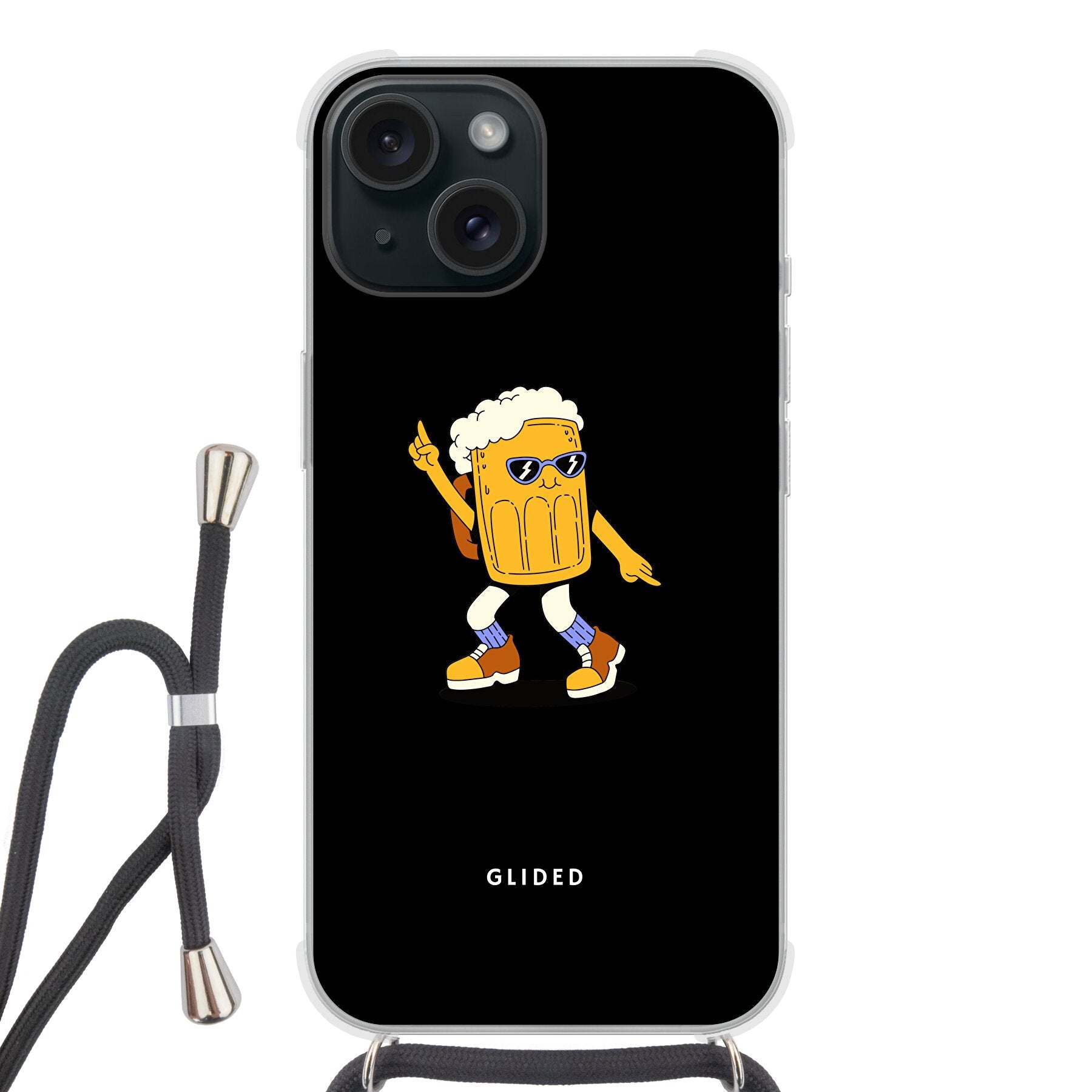 Brew Dance iPhone 15 Handyhülle mit fröhlichem tanzendem Bierdesign auf lebhaftem Hintergrund.