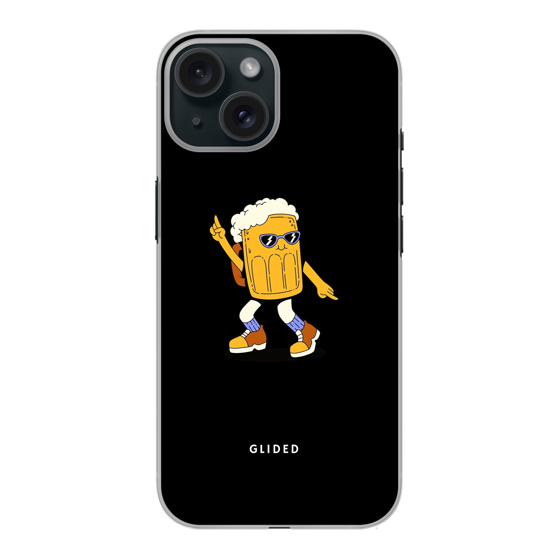 Brew Dance iPhone 15 Handyhülle mit fröhlichem tanzendem Bierdesign auf lebhaftem Hintergrund.