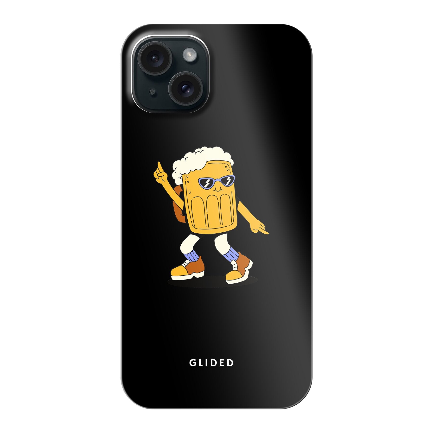 Brew Dance Handyhülle für iPhone 15 Plus mit einem fröhlichen tanzenden Bier-Design auf lebhaftem Hintergrund.