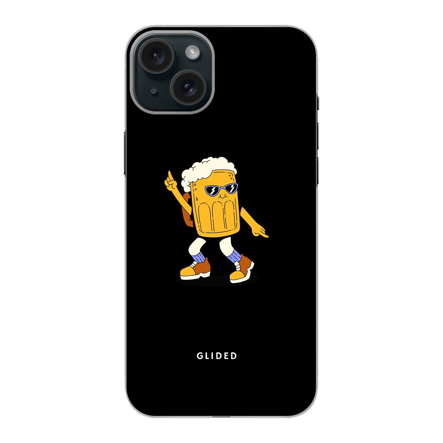 Brew Dance Handyhülle für iPhone 15 Plus mit einem fröhlichen tanzenden Bier-Design auf lebhaftem Hintergrund.