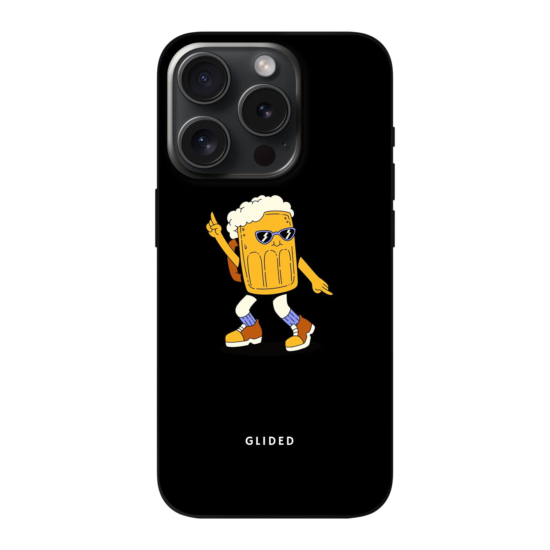 Brew Dance iPhone 15 Pro Handyhülle mit tanzendem Bier-Design auf lebhaftem Hintergrund, ideal für Bierliebhaber.