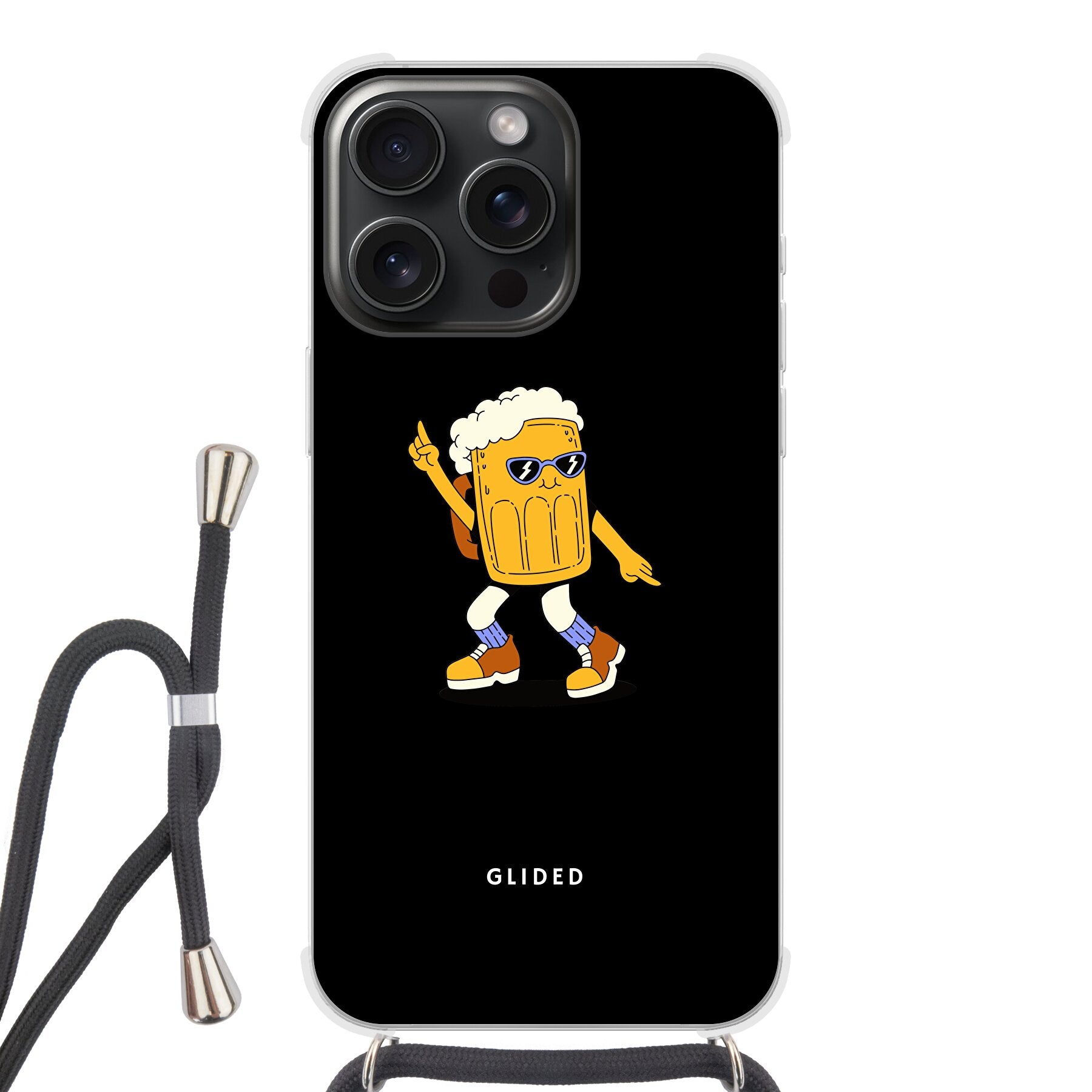 Brew Dance iPhone 15 Pro Handyhülle mit tanzendem Bier-Design auf lebhaftem Hintergrund, ideal für Bierliebhaber.