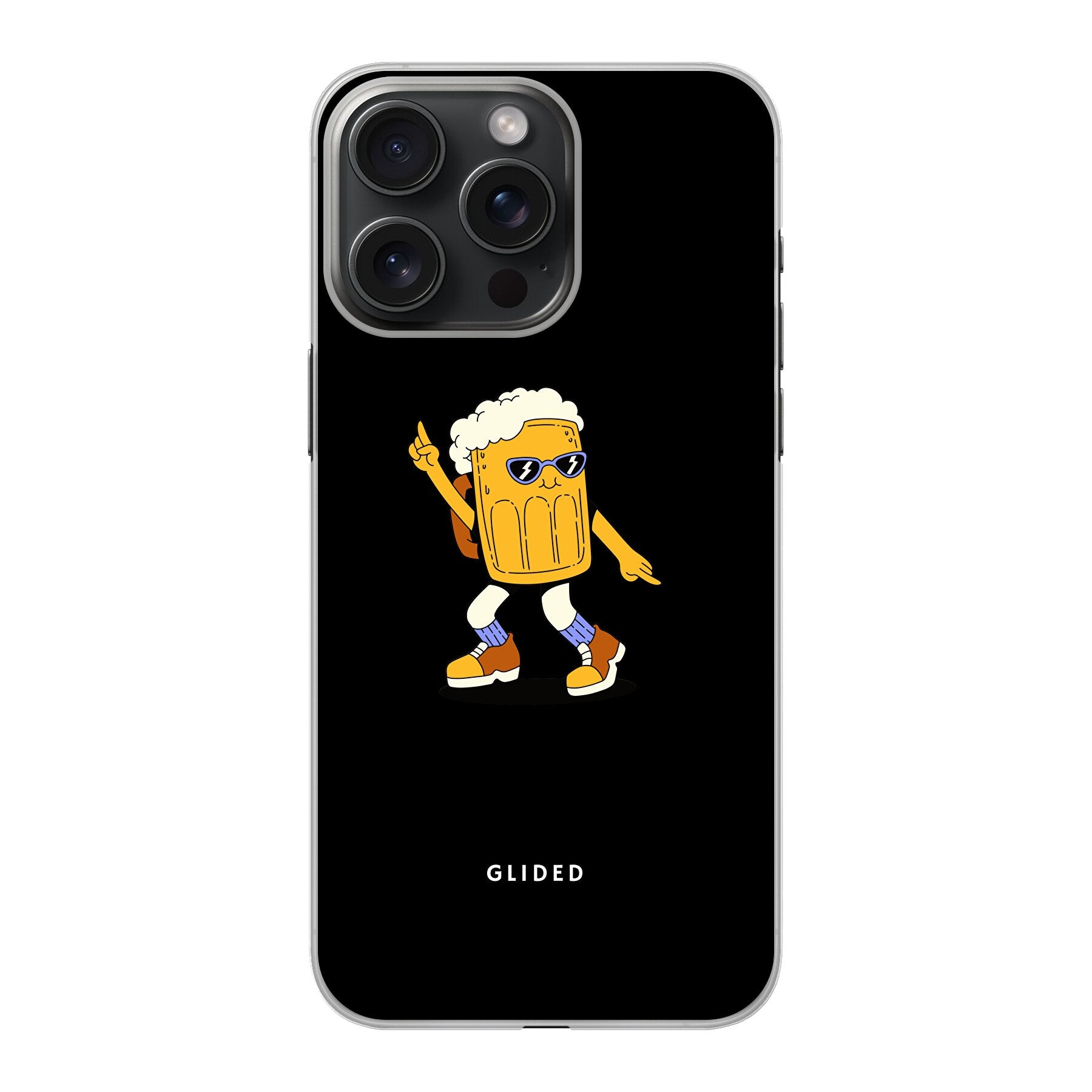 Brew Dance iPhone 15 Pro Handyhülle mit tanzendem Bier-Design auf lebhaftem Hintergrund, ideal für Bierliebhaber.