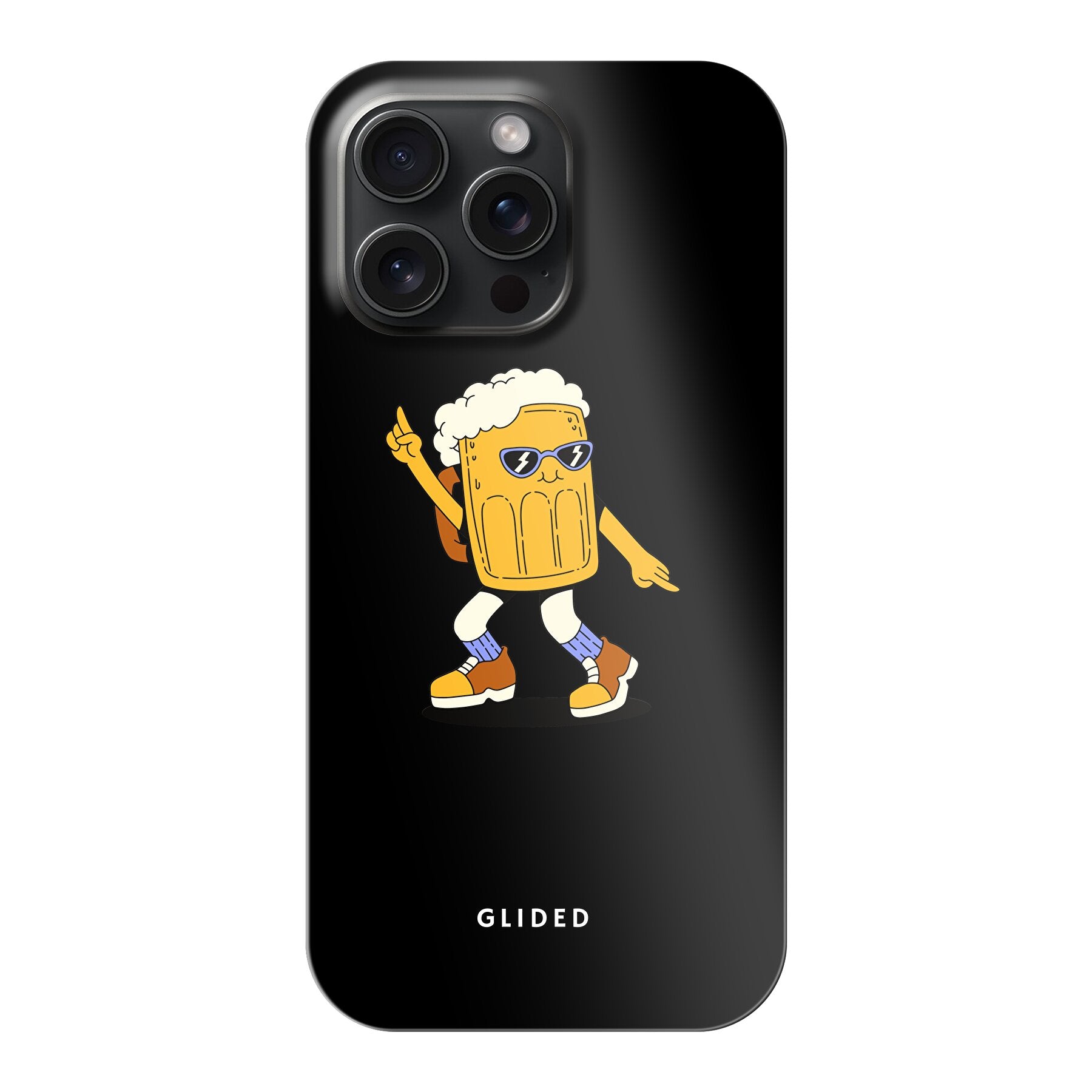 Brew Dance Handyhülle für iPhone 15 Pro Max mit lebhaftem tanzendem Bierdesign auf buntem Hintergrund.