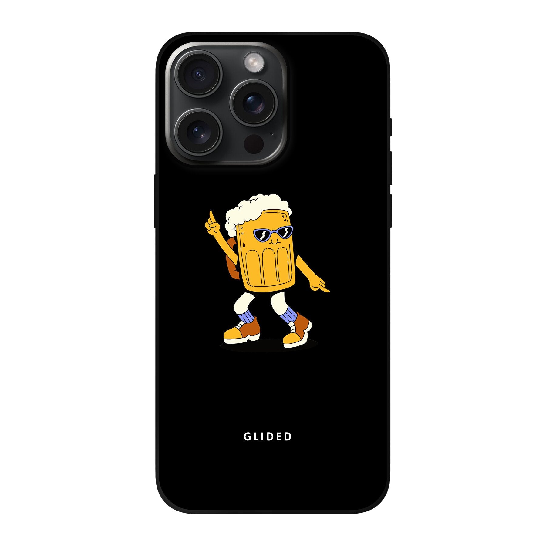 Brew Dance Handyhülle für iPhone 15 Pro Max mit lebhaftem tanzendem Bierdesign auf buntem Hintergrund.