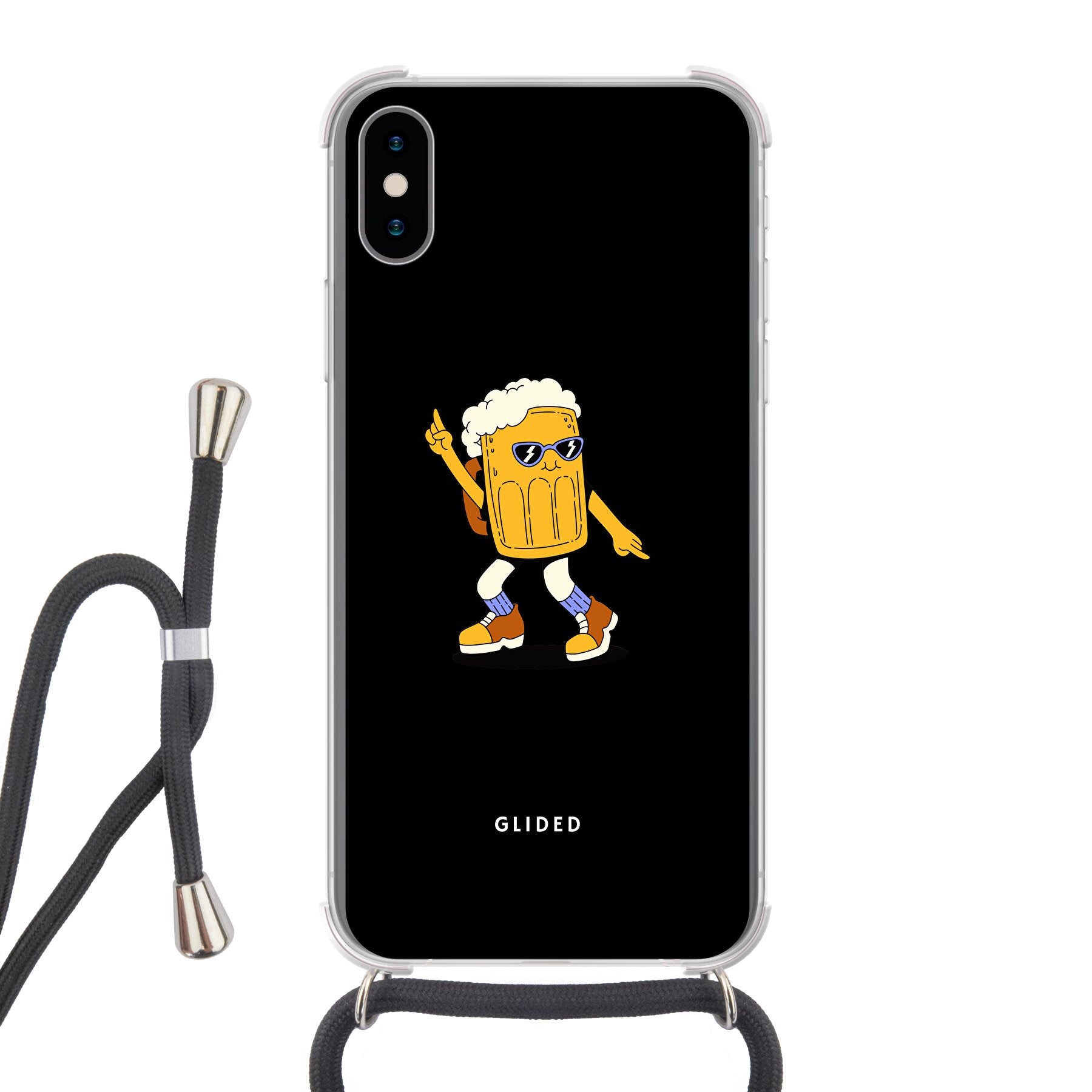 Brew Dance iPhone X/Xs Handyhülle mit fröhlichem tanzendem Bierdesign auf lebendigem Hintergrund.