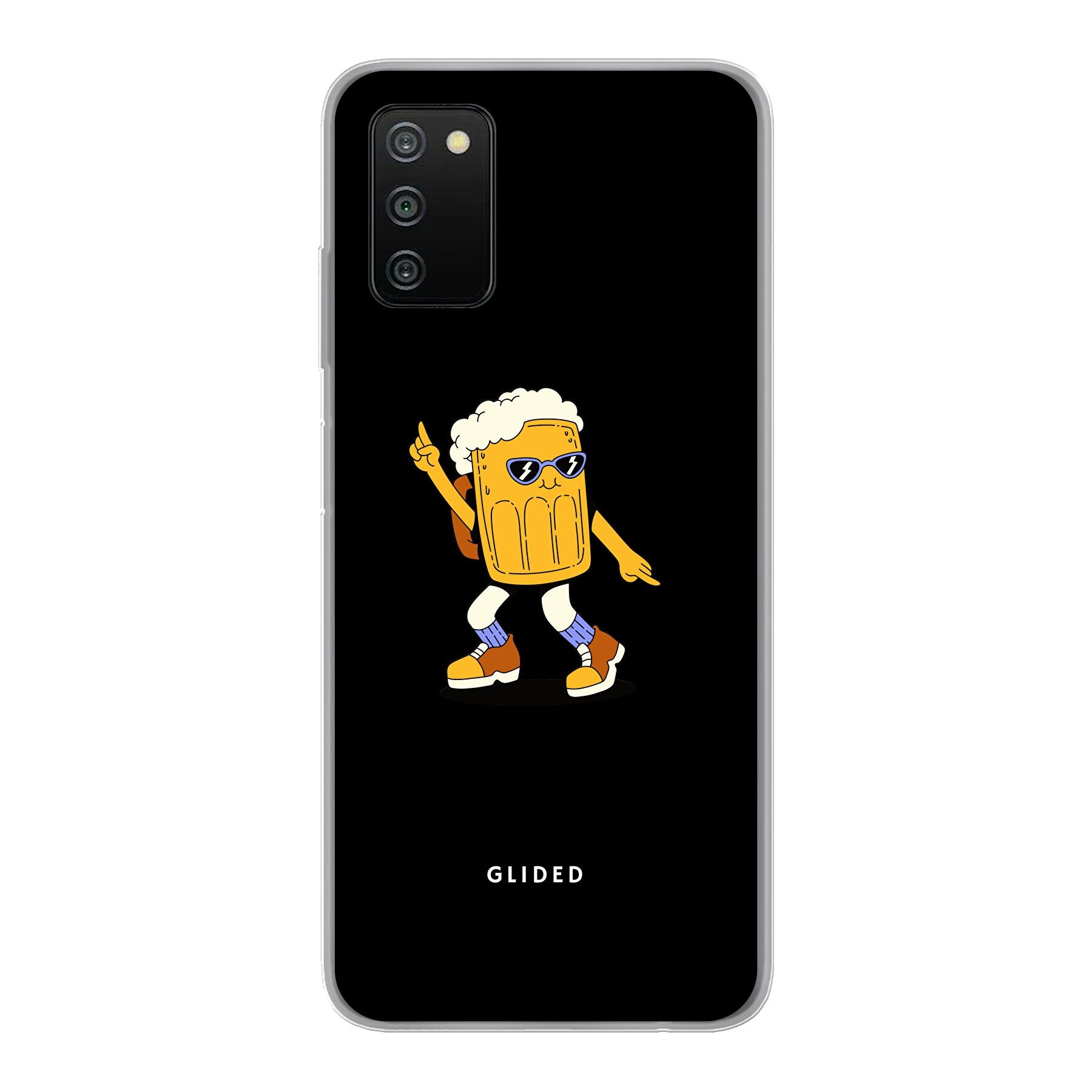 Brew Dance Handyhülle für Samsung Galaxy A03s mit fröhlichem tanzendem Bierdesign auf lebhaftem Hintergrund.