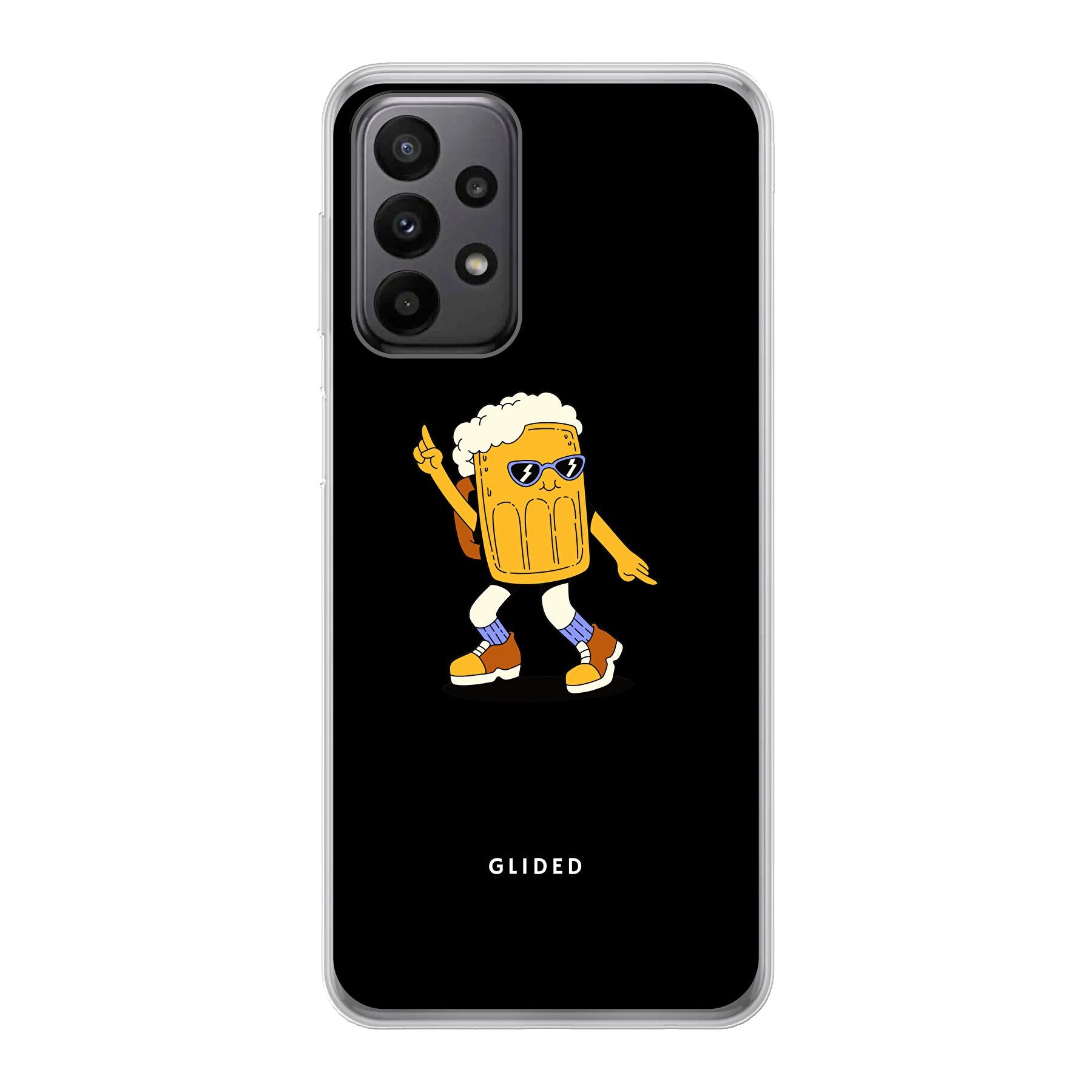 Brew Dance Handyhülle für Samsung Galaxy A23 5G mit einem fröhlichen tanzenden Bierdesign auf lebhaftem Hintergrund.