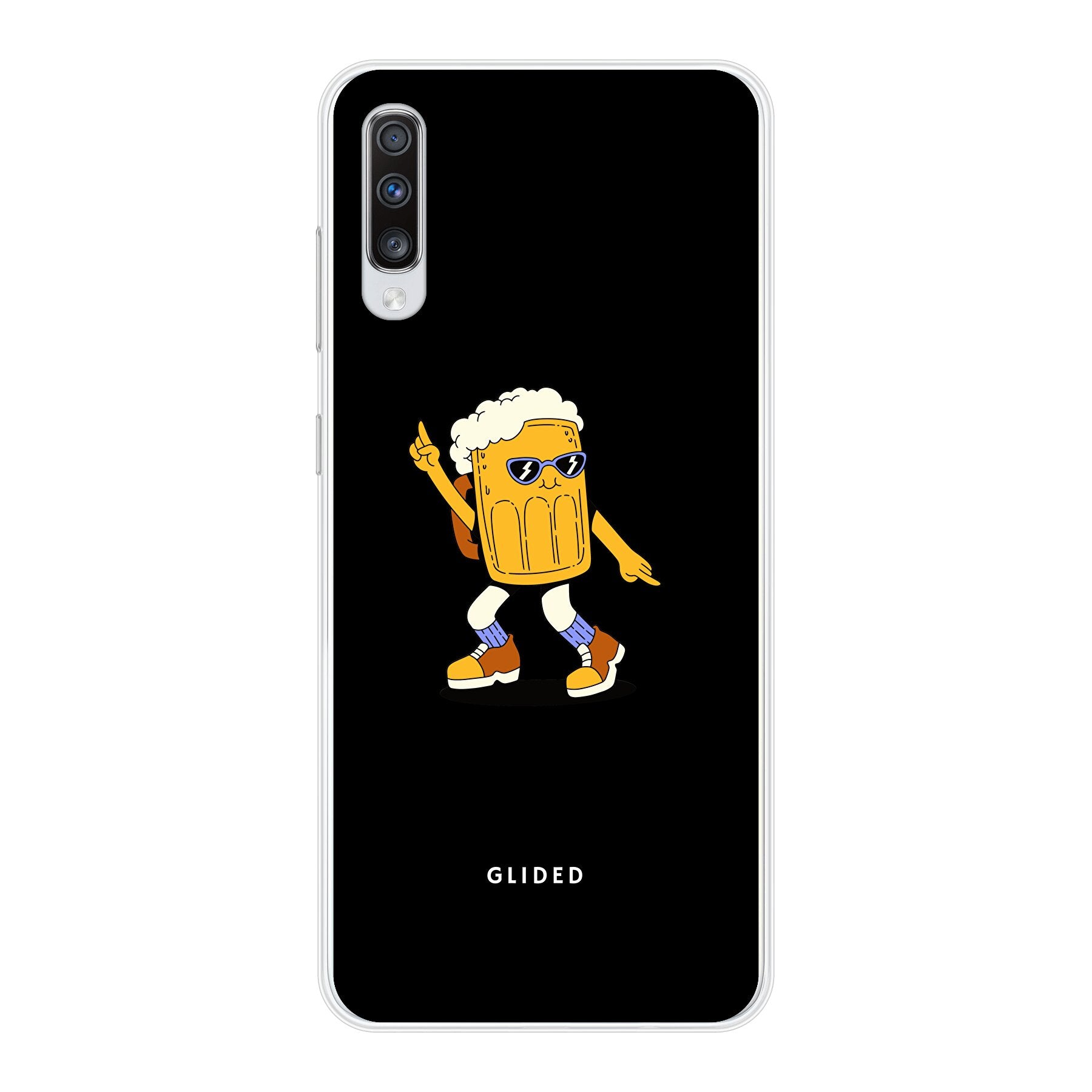 Brew Dance Handyhülle für Samsung Galaxy A70 mit einem fröhlichen tanzenden Bier auf lebhaftem Hintergrund.