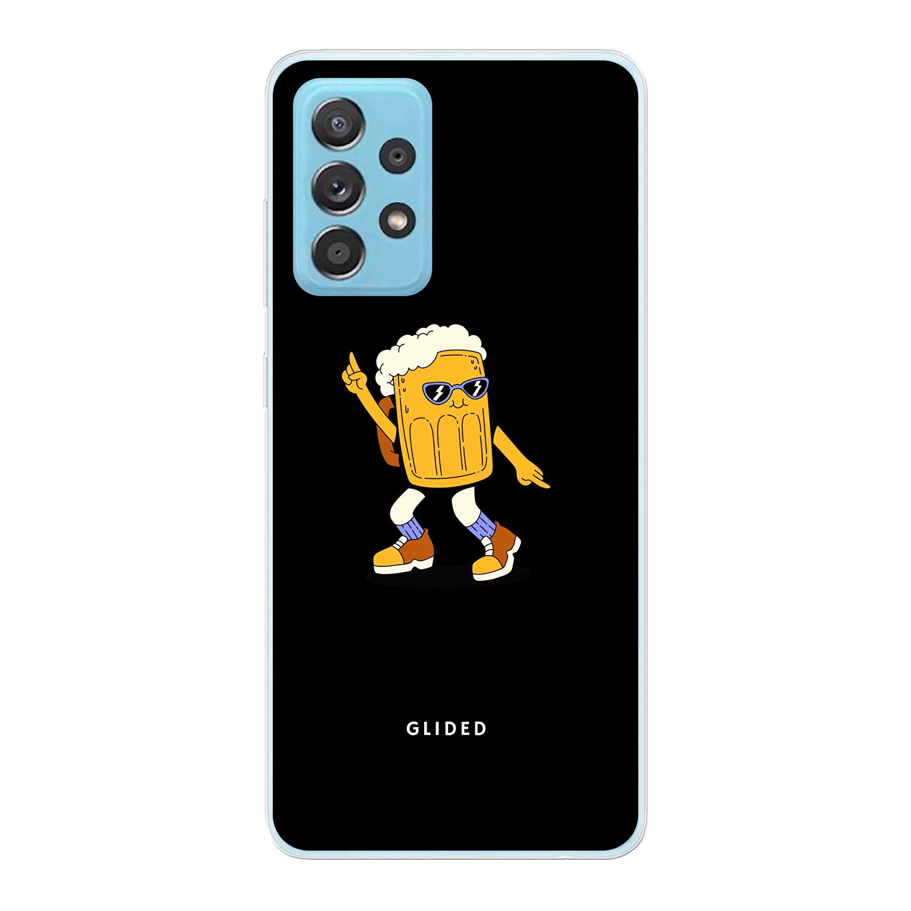 Brew Dance Handyhülle für Samsung Galaxy A73 5G mit einem fröhlichen tanzenden Bier-Design auf lebhaftem Hintergrund.