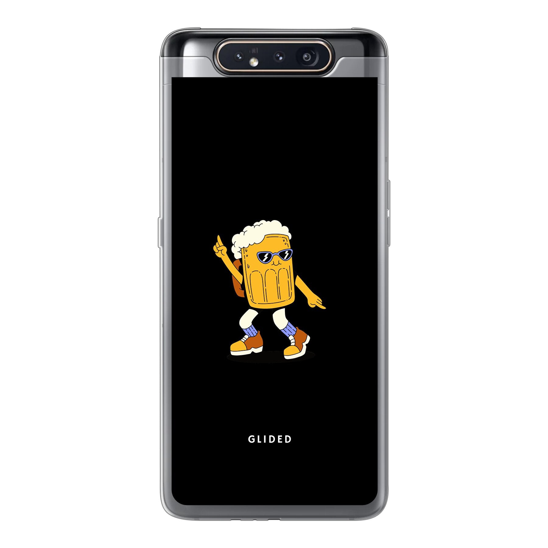 Brew Dance Handyhülle für Samsung Galaxy A80 mit fröhlichem tanzendem Bierdesign auf lebhaftem Hintergrund.