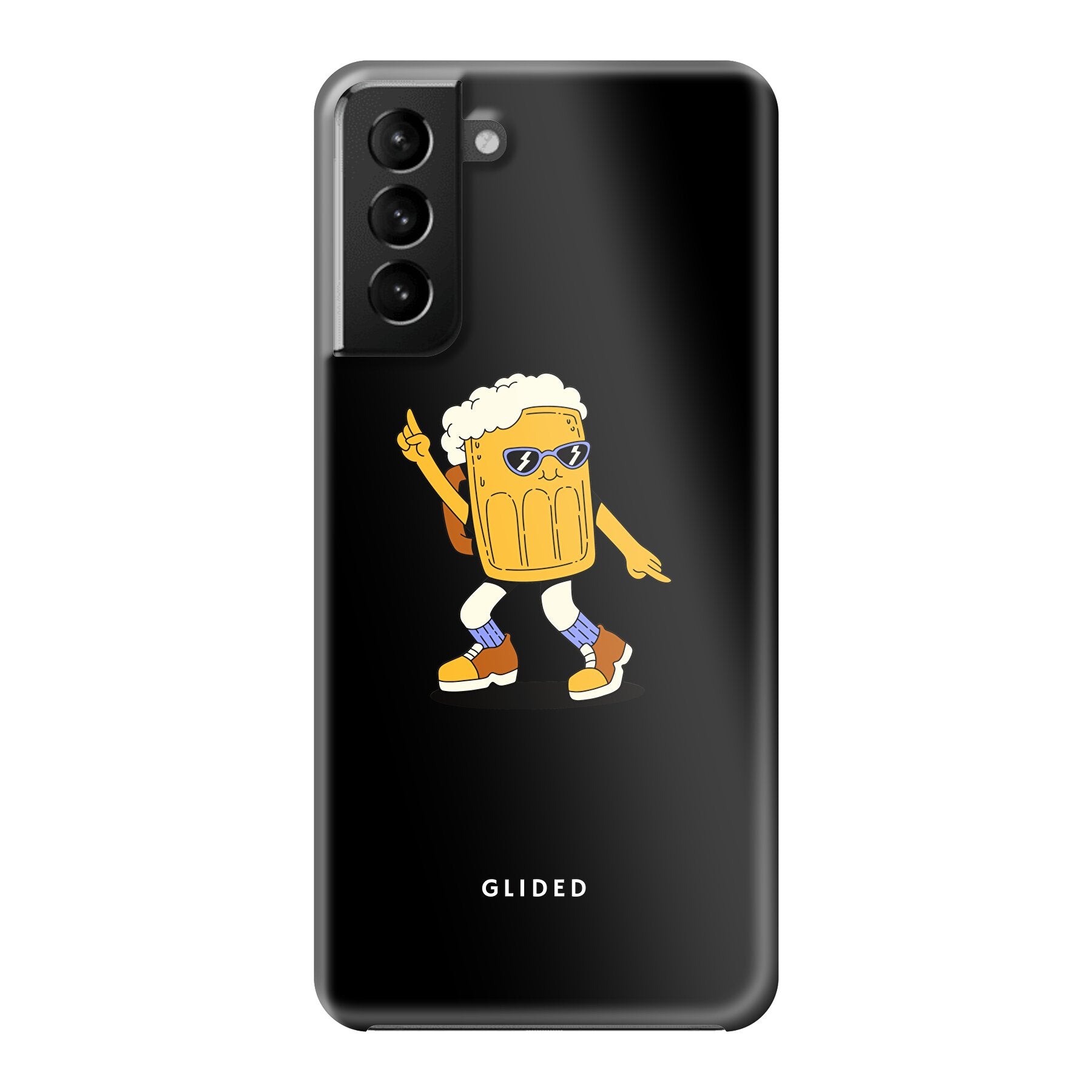 Brew Dance Handyhülle für Samsung Galaxy S21 Plus 5G mit einem fröhlichen tanzenden Bier auf lebhaftem Hintergrund.