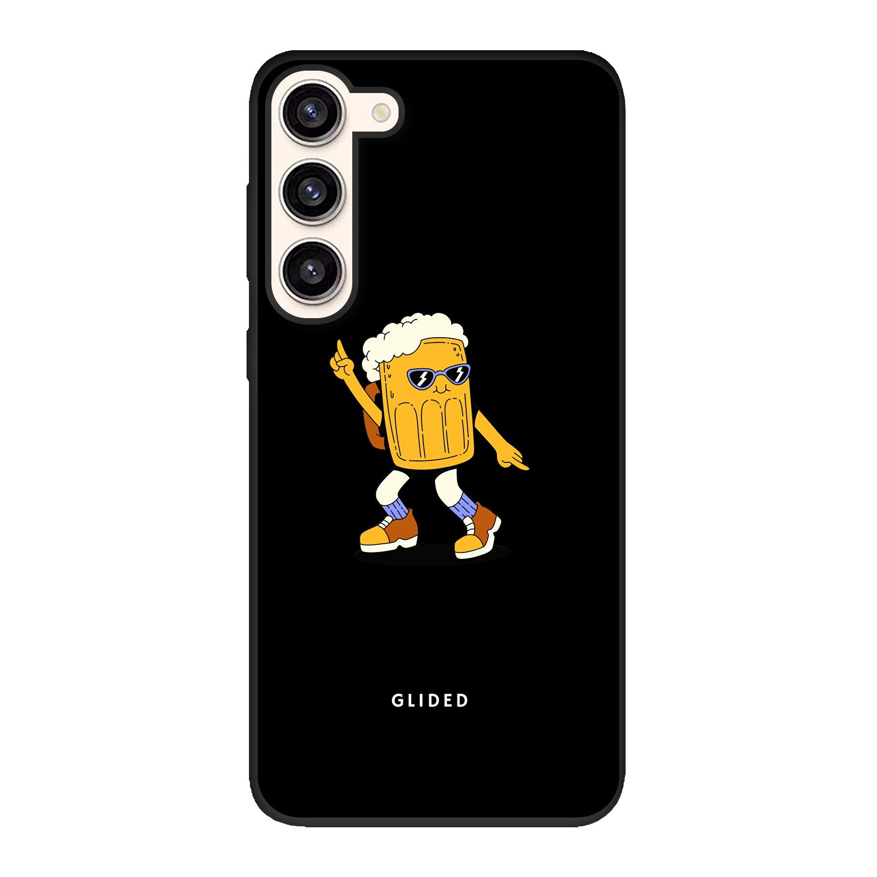 Brew Dance Handyhülle für Samsung Galaxy S23 Plus mit einem fröhlichen tanzenden Bier-Design auf lebhaftem Hintergrund.