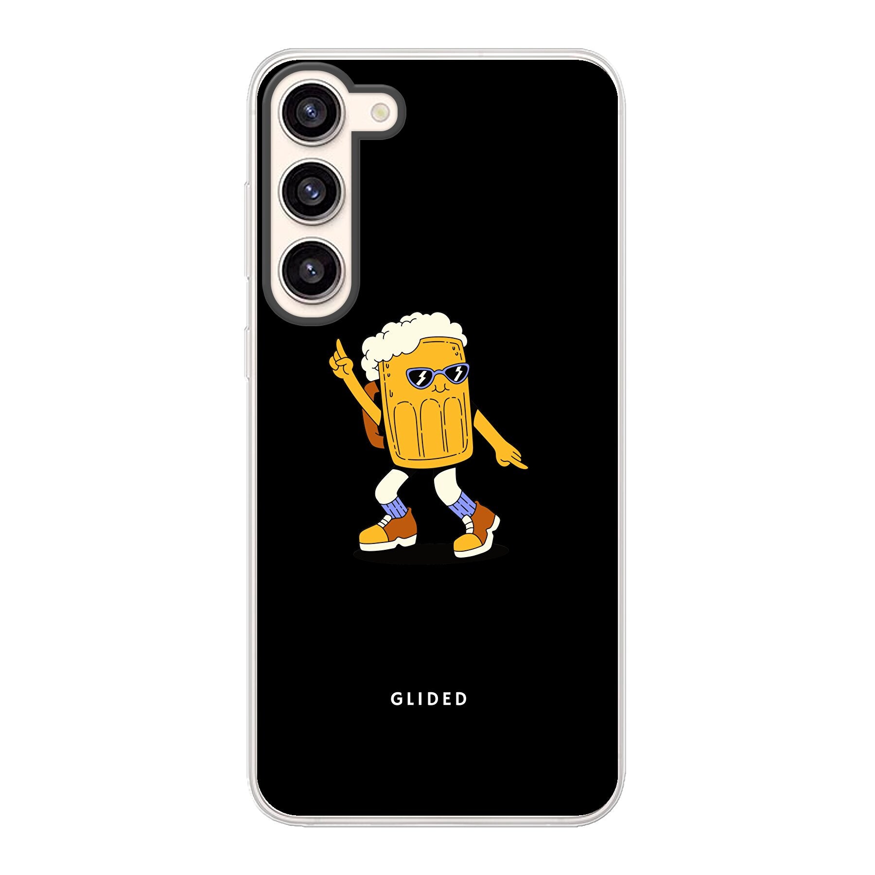 Brew Dance Handyhülle für Samsung Galaxy S23 Plus mit einem fröhlichen tanzenden Bier-Design auf lebhaftem Hintergrund.