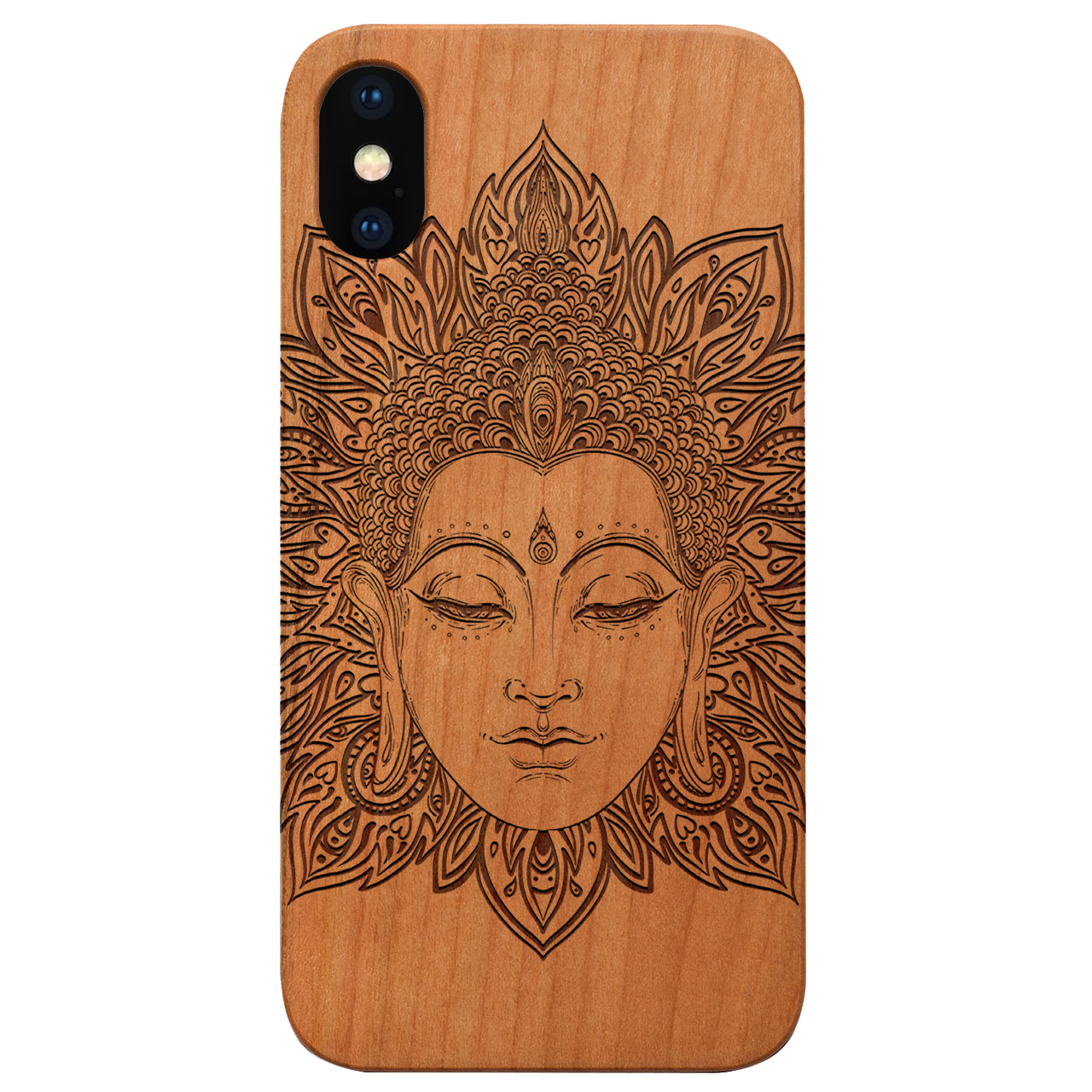 Buddha 3 - Engraved wooden phone case showcasing intricate laser-engraved designs and natural wood finish.