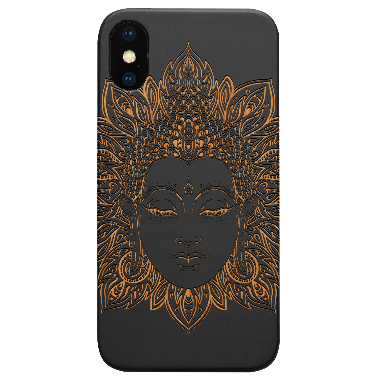 Buddha 3 - Engraved wooden phone case showcasing intricate laser-engraved designs and natural wood finish.