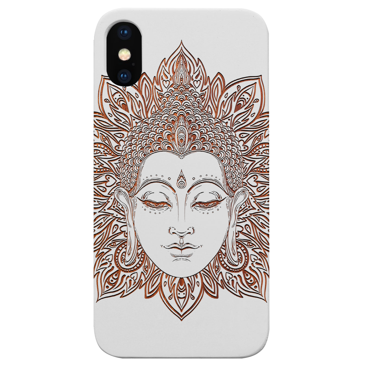 Buddha 3 - Engraved wooden phone case showcasing intricate laser-engraved designs and natural wood finish.