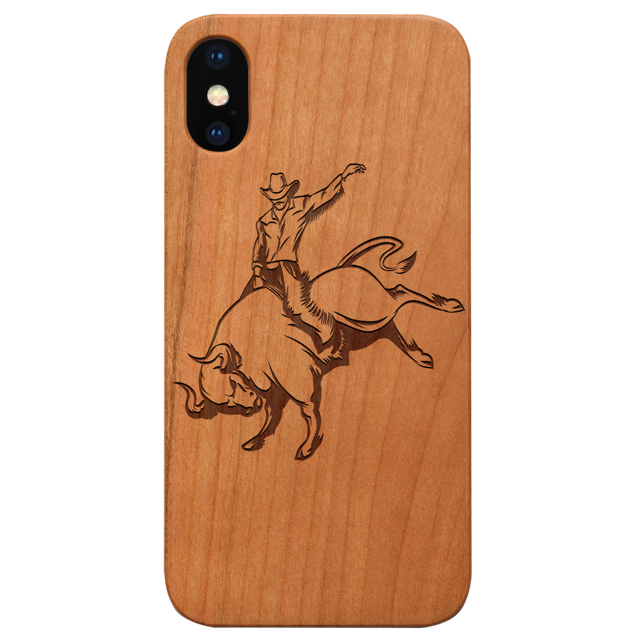 Bull Rider - Engraved wooden phone case showcasing intricate laser-engraved design and natural wood finish.