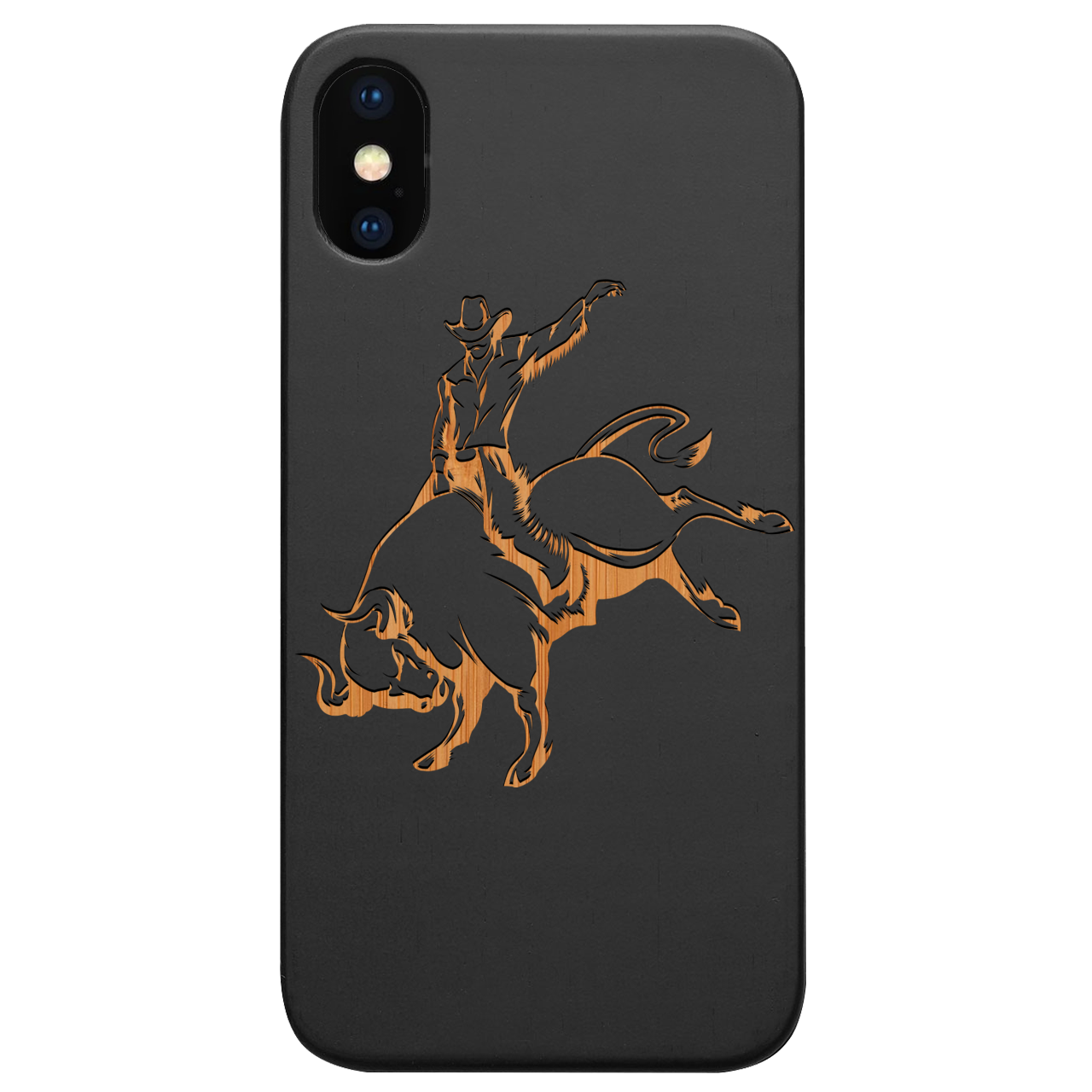 Bull Rider - Engraved wooden phone case showcasing intricate laser-engraved design and natural wood finish.