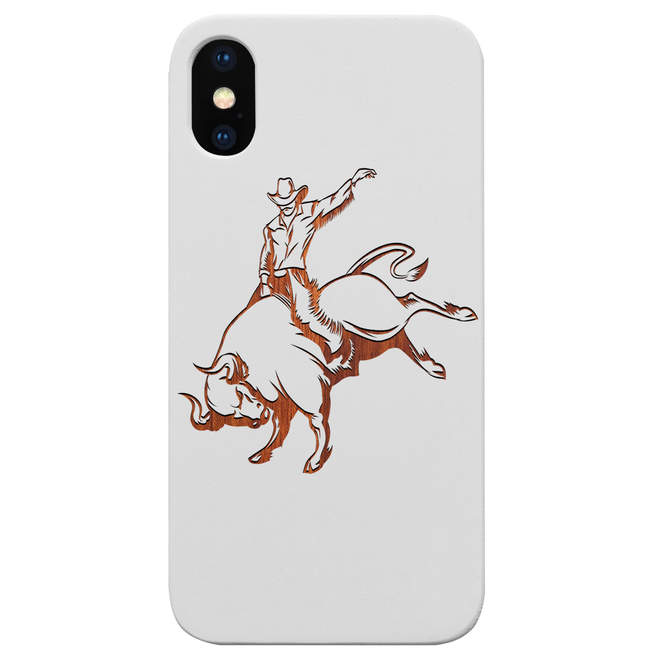 Bull Rider - Engraved wooden phone case showcasing intricate laser-engraved design and natural wood finish.