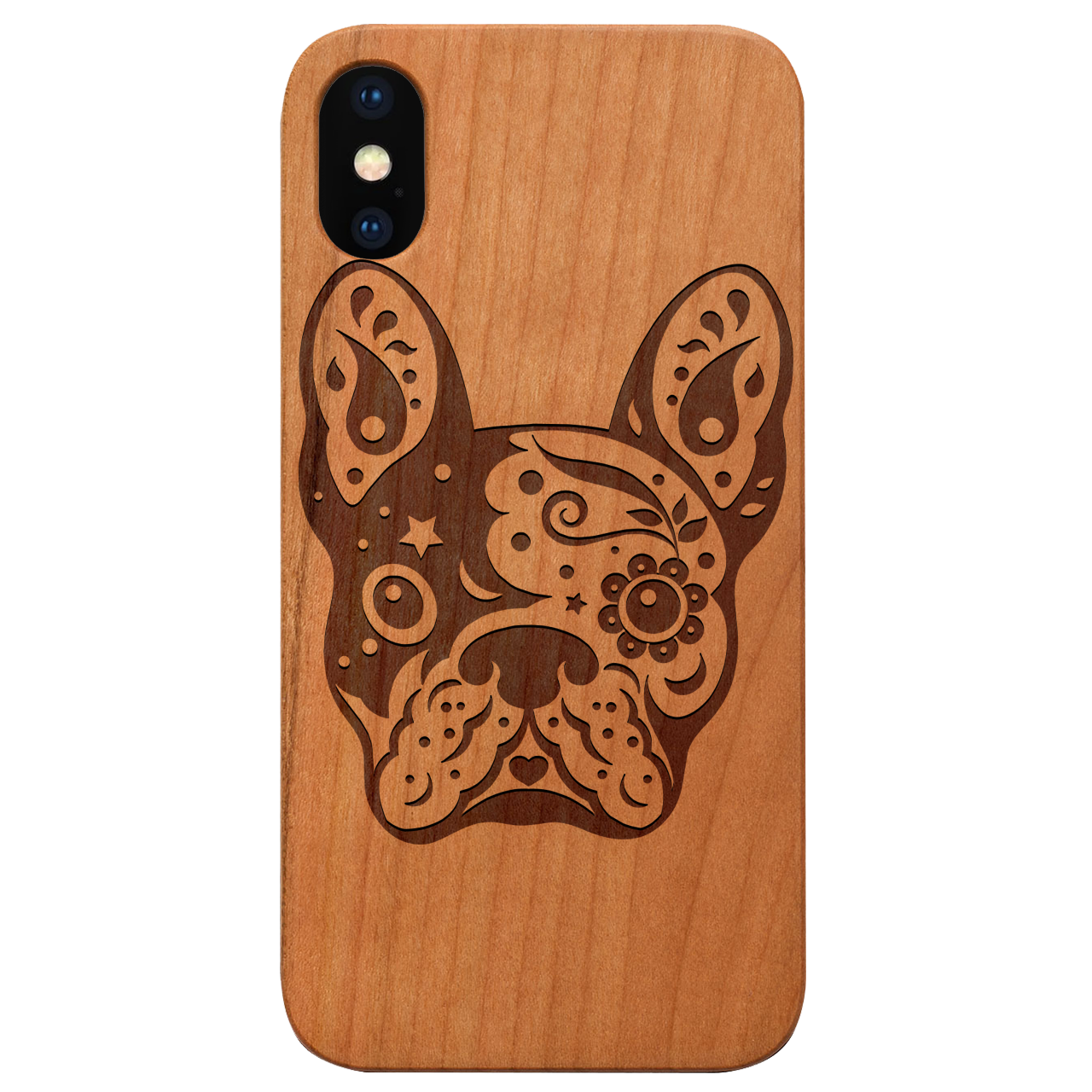 Bulldog Engraved wooden phone case showcasing unique laser-engraved design and natural wood finish.