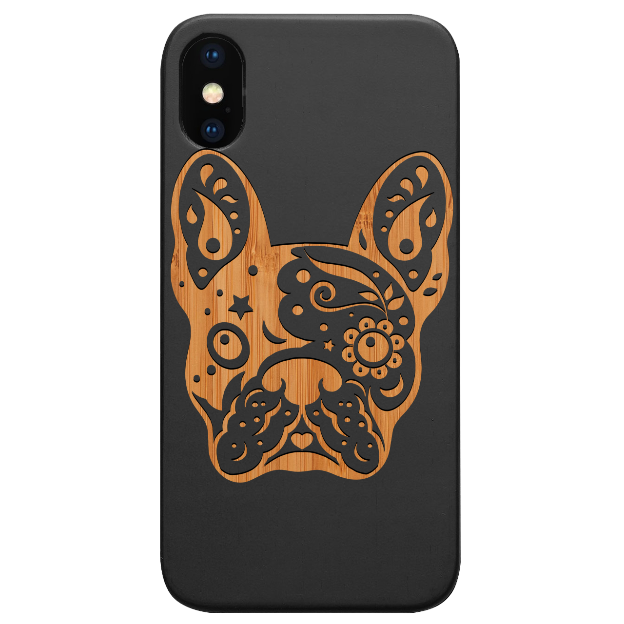 Bulldog Engraved wooden phone case showcasing unique laser-engraved design and natural wood finish.