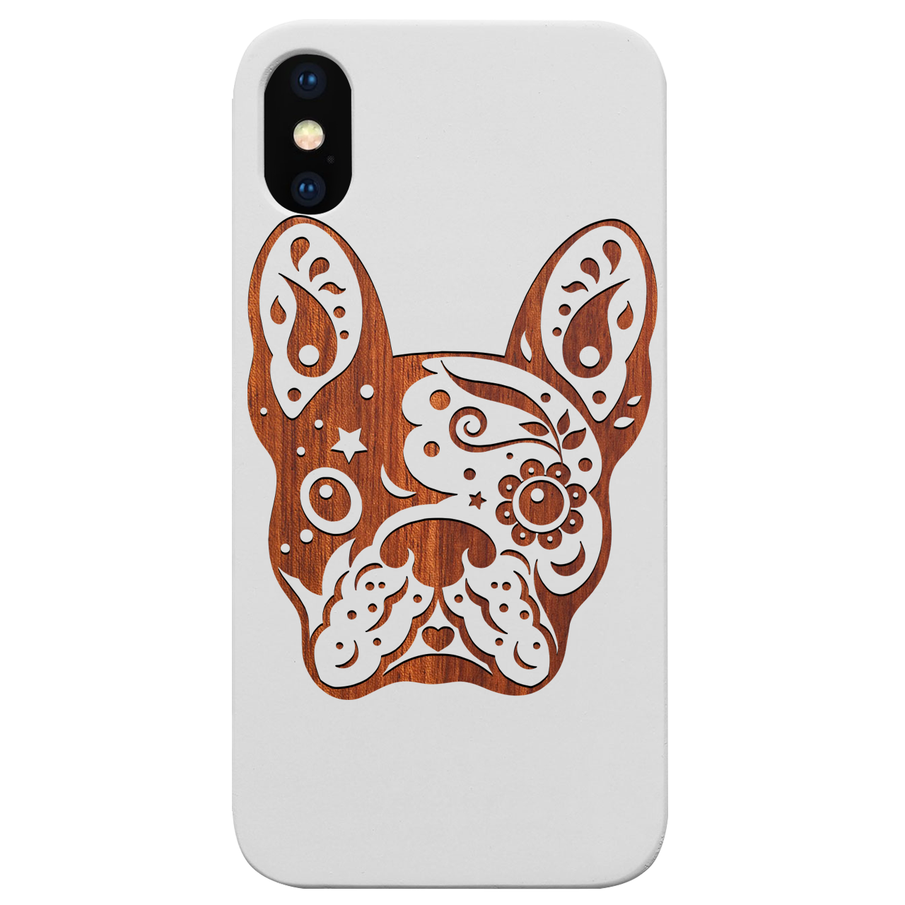 Bulldog Engraved wooden phone case showcasing unique laser-engraved design and natural wood finish.