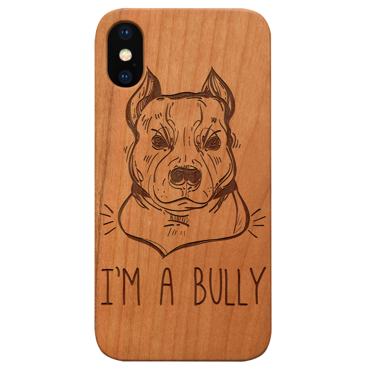 Bully - Engraved wooden phone case showcasing intricate laser-engraved design and durable wood finish.