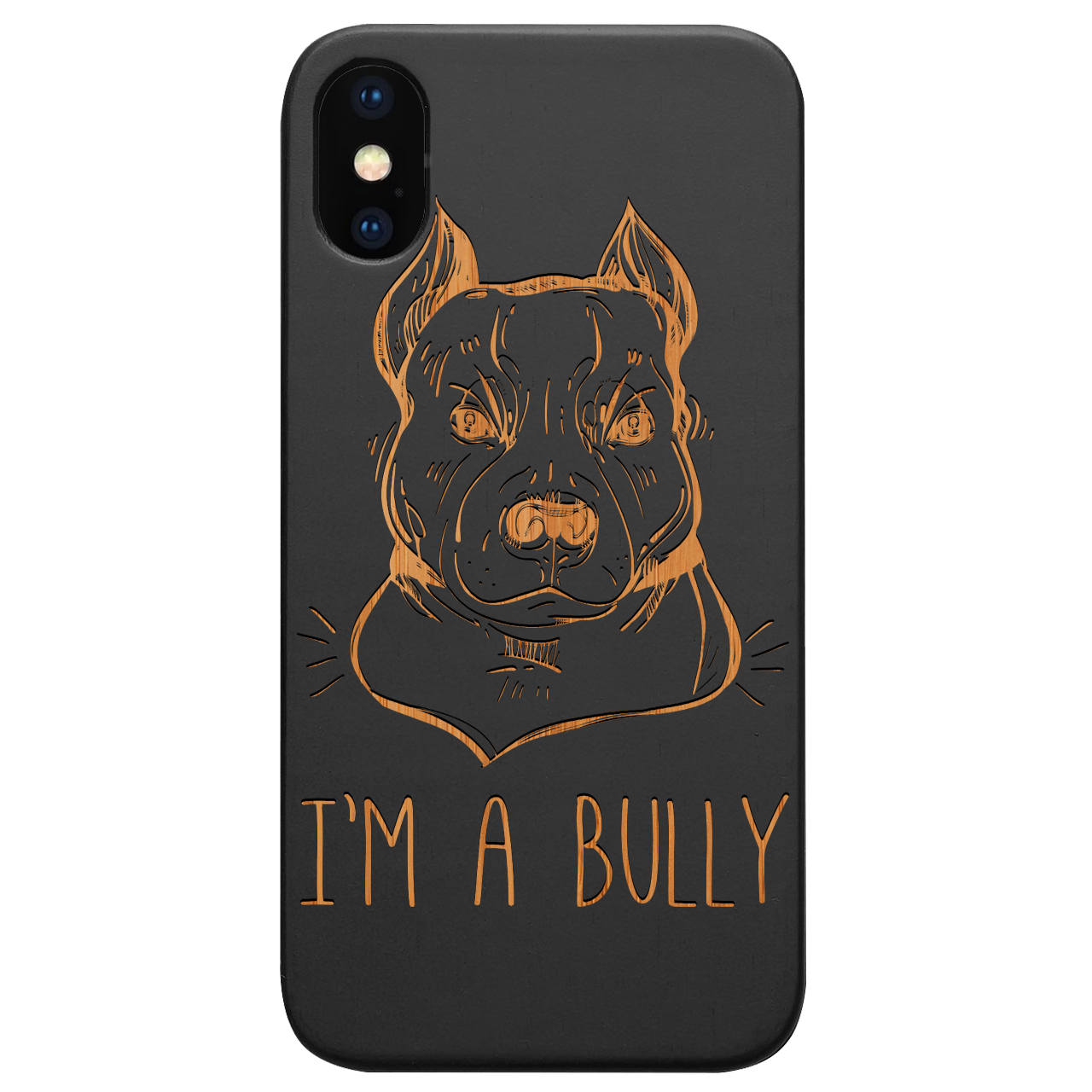 Bully - Engraved wooden phone case showcasing intricate laser-engraved design and durable wood finish.