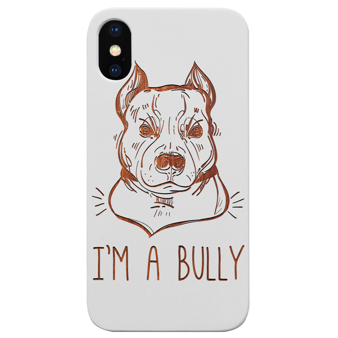 Bully - Engraved wooden phone case showcasing intricate laser-engraved design and durable wood finish.