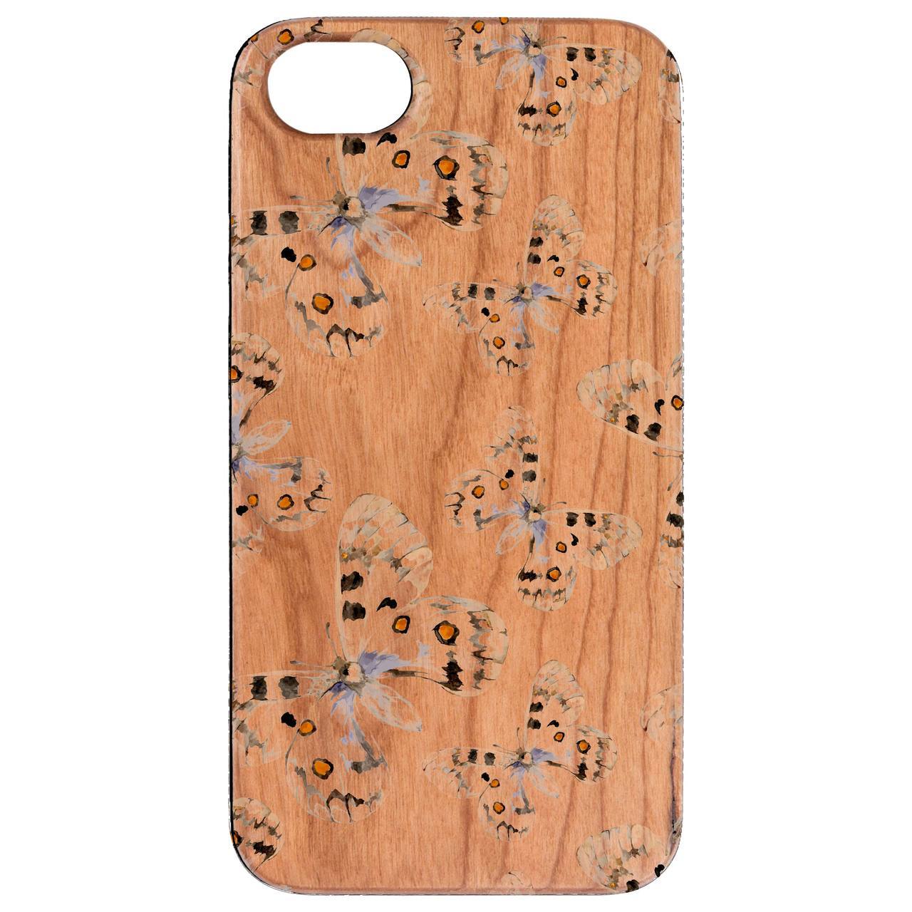 Butterflies 2 UV Color Printed phone case showcasing vibrant butterfly designs on a natural wood surface with rubber bumper protection.