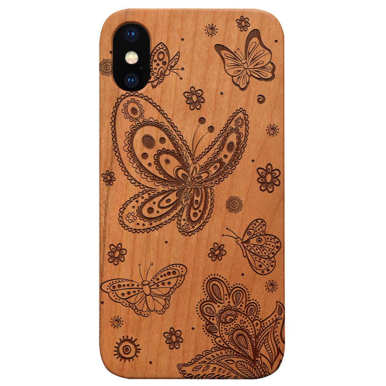 Engraved wooden phone case featuring a butterfly design, showcasing natural wood texture and stylish edges.