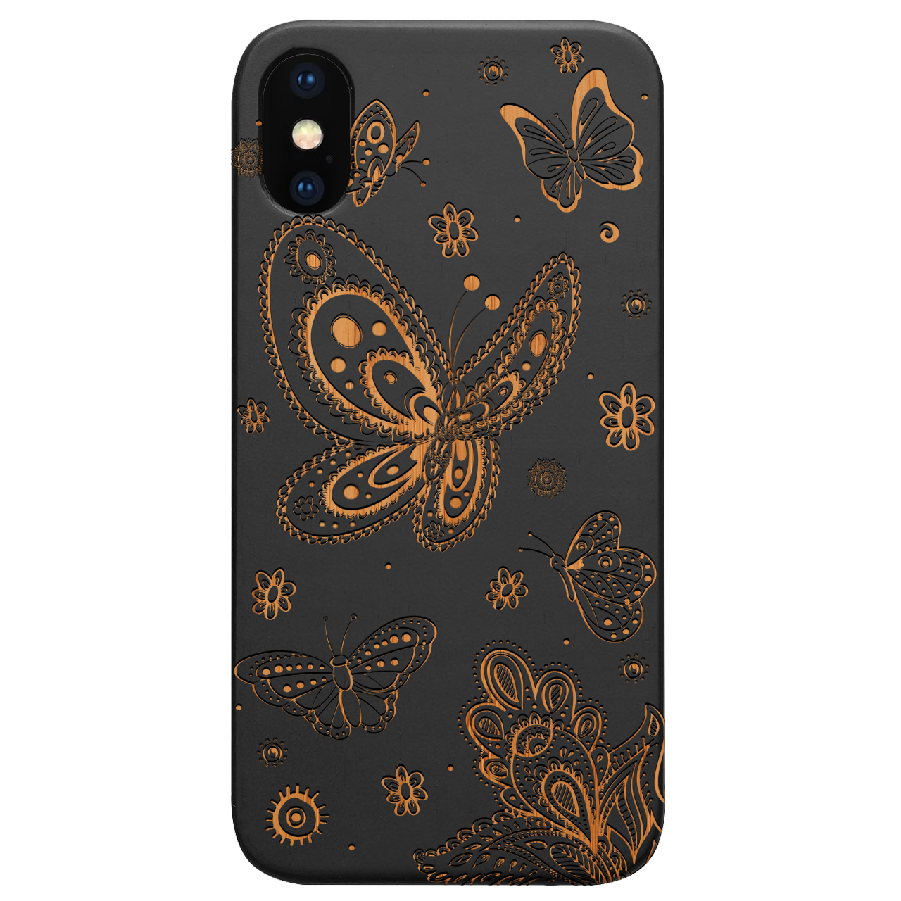 Engraved wooden phone case featuring a butterfly design, showcasing natural wood texture and stylish edges.