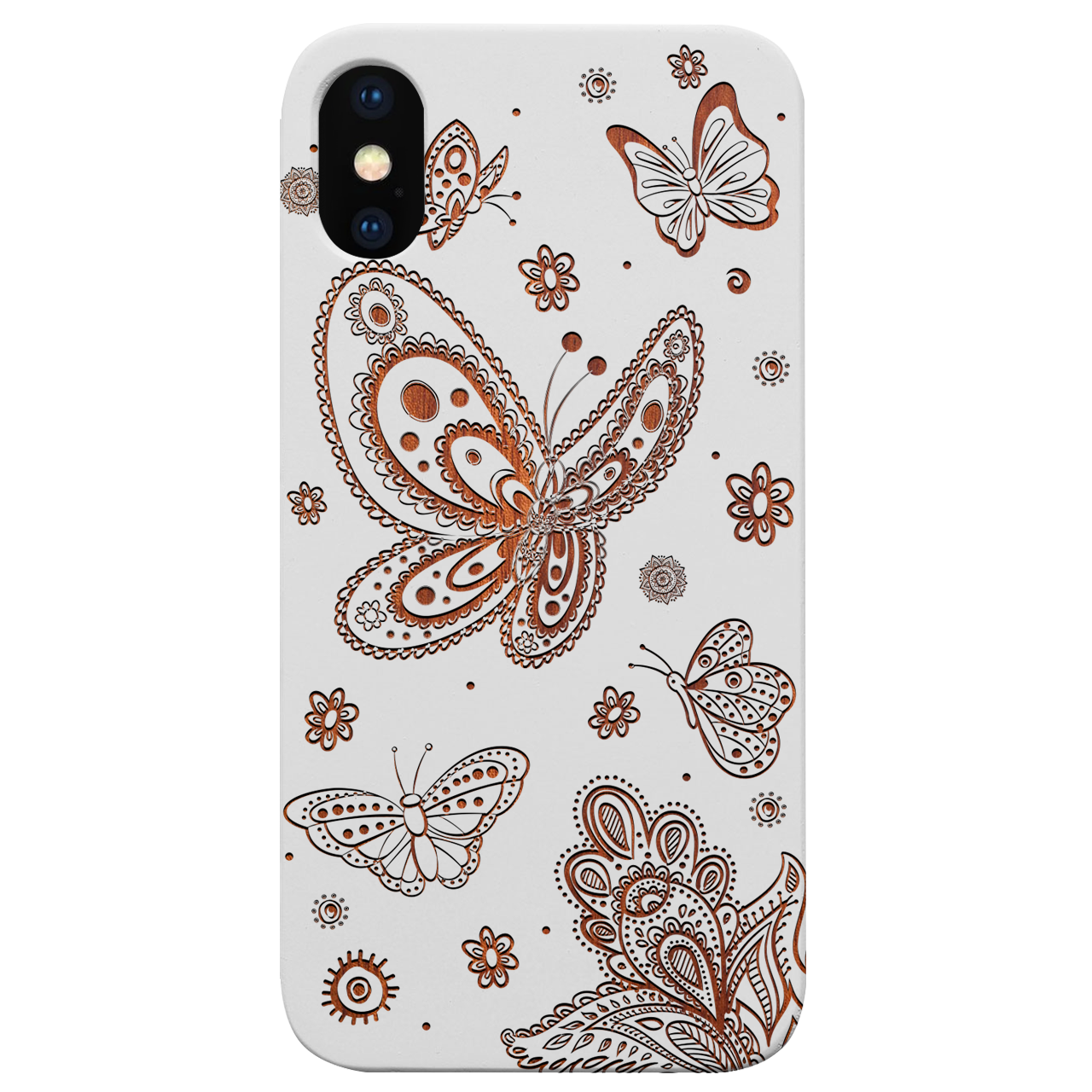 Engraved wooden phone case featuring a butterfly design, showcasing natural wood texture and stylish edges.