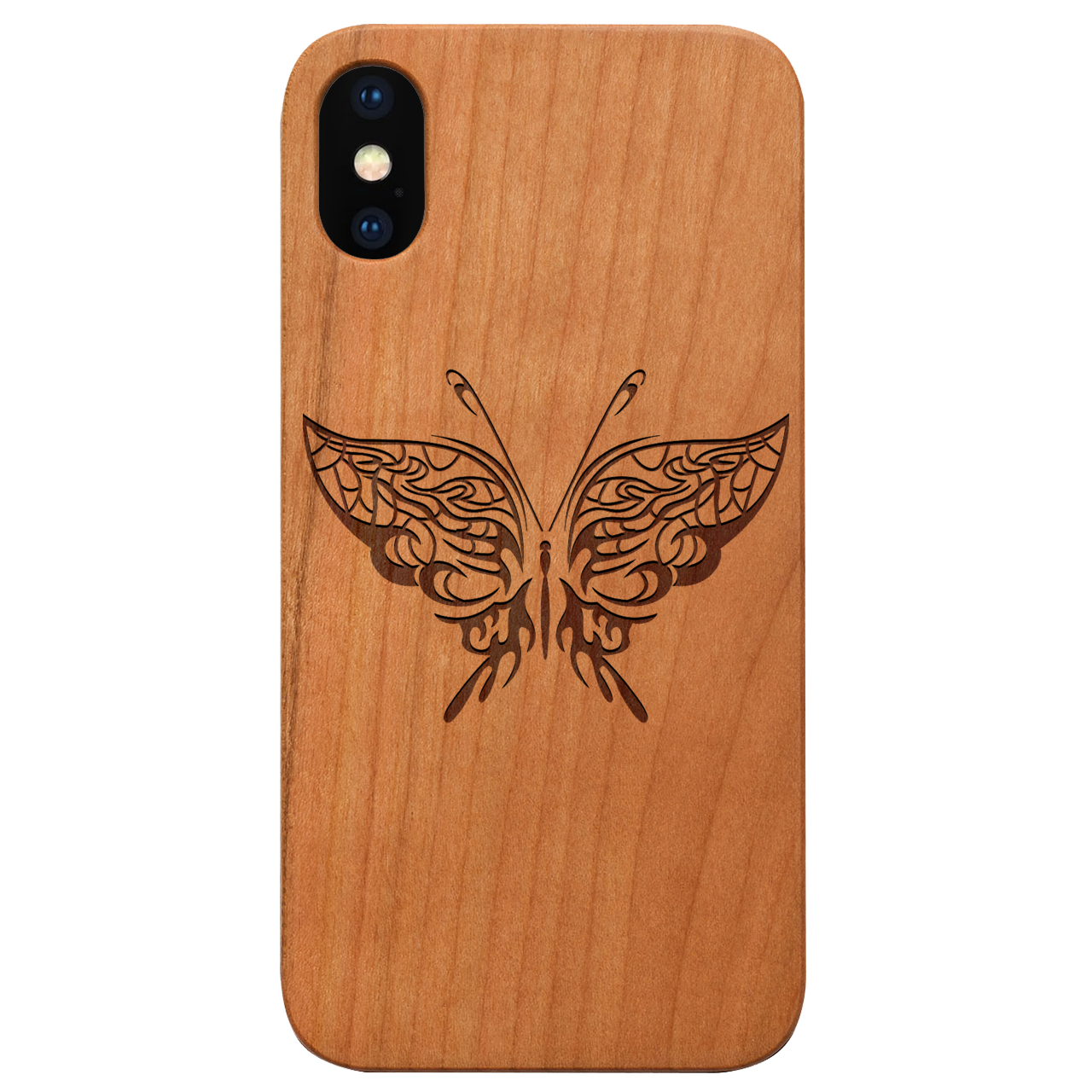 Butterfly 1 - Engraved wooden phone case showcasing unique laser-engraved design and natural wood finish.