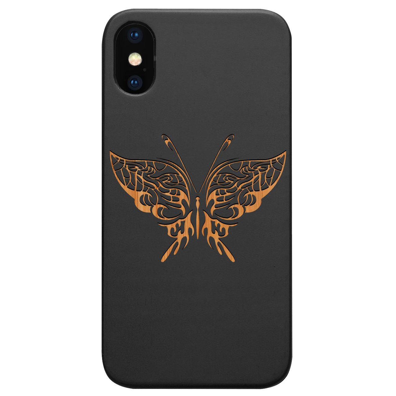 Butterfly 1 - Engraved wooden phone case showcasing unique laser-engraved design and natural wood finish.