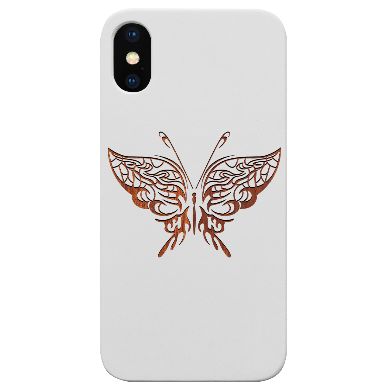 Butterfly 1 - Engraved wooden phone case showcasing unique laser-engraved design and natural wood finish.