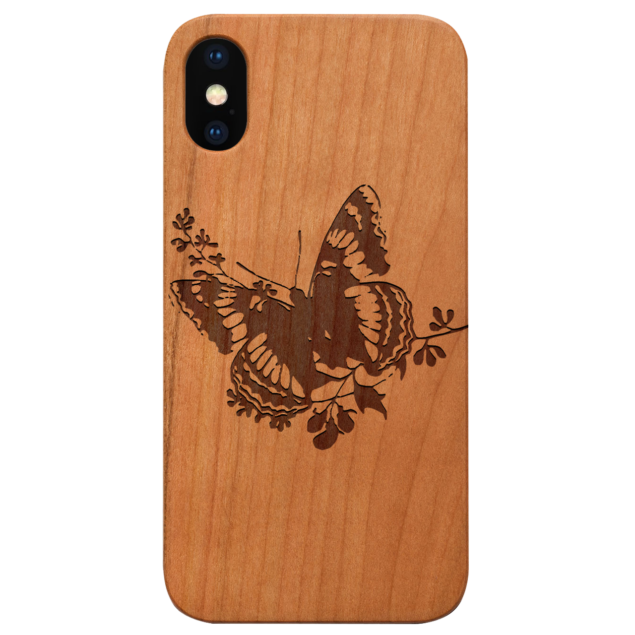 Butterfly 2 - Engraved wooden phone case showcasing intricate laser-engraved designs and natural wood finish.