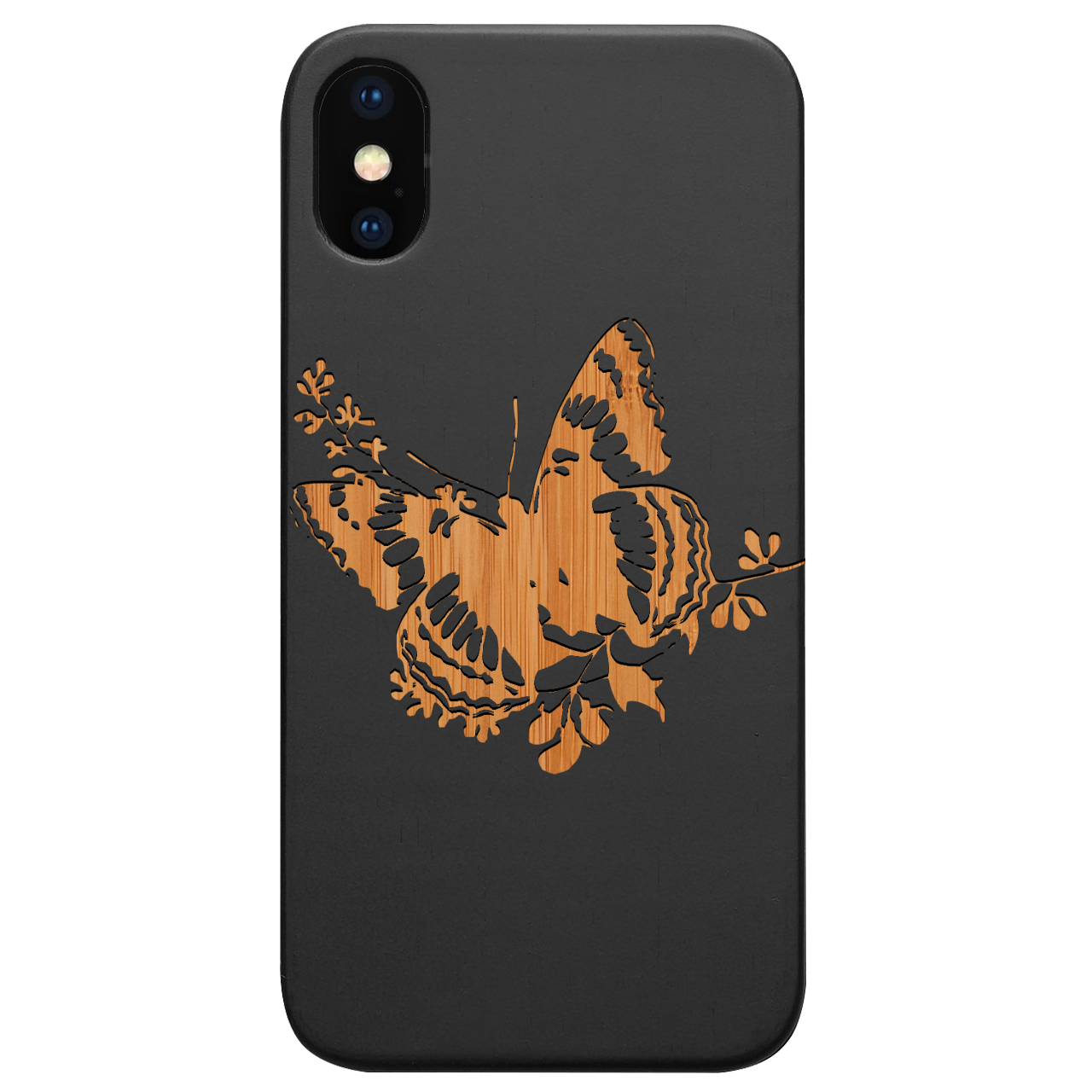 Butterfly 2 - Engraved wooden phone case showcasing intricate laser-engraved designs and natural wood finish.