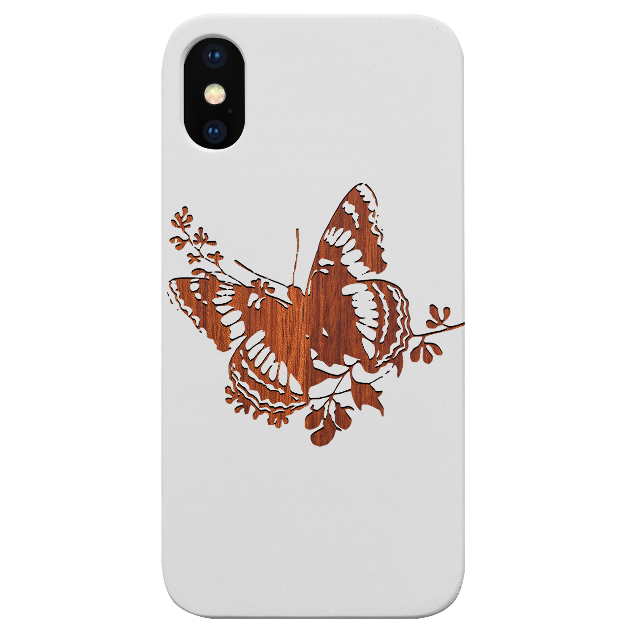 Butterfly 2 - Engraved wooden phone case showcasing intricate laser-engraved designs and natural wood finish.