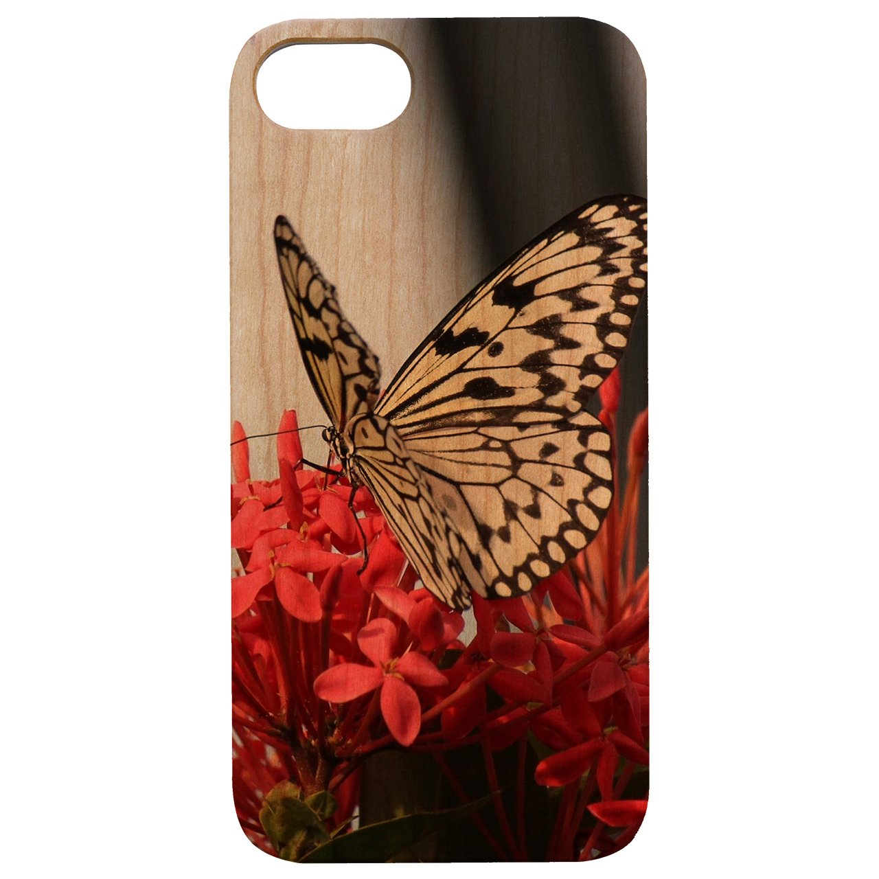 Butterfly UV Color Printed phone case showcasing vibrant designs on a natural wood surface with rubber bumper protection.