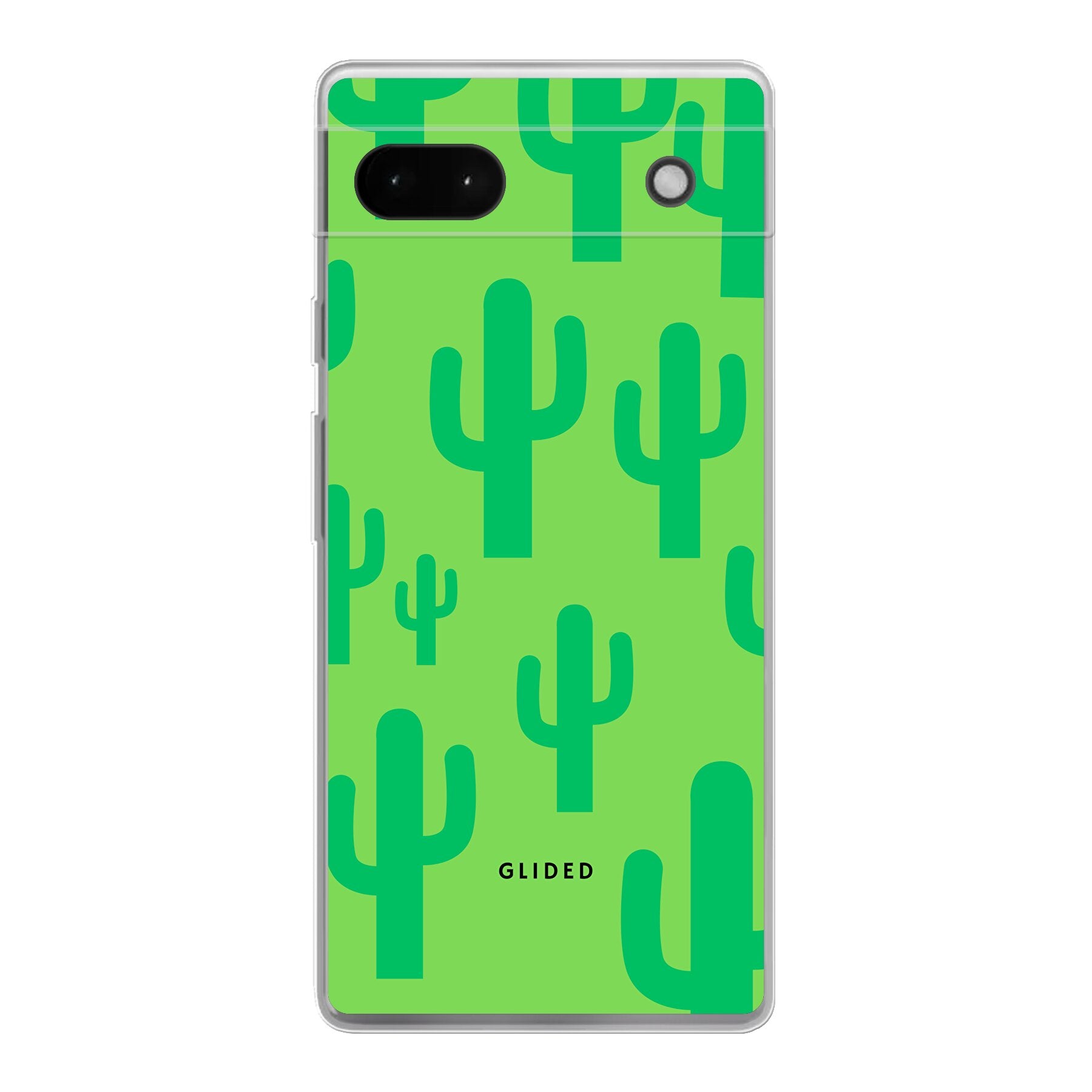 Cactus Spikes Handyhülle für Google Pixel 6a mit lebendigen Kaktusdesign auf grünem Hintergrund, stilvoll und schützend.