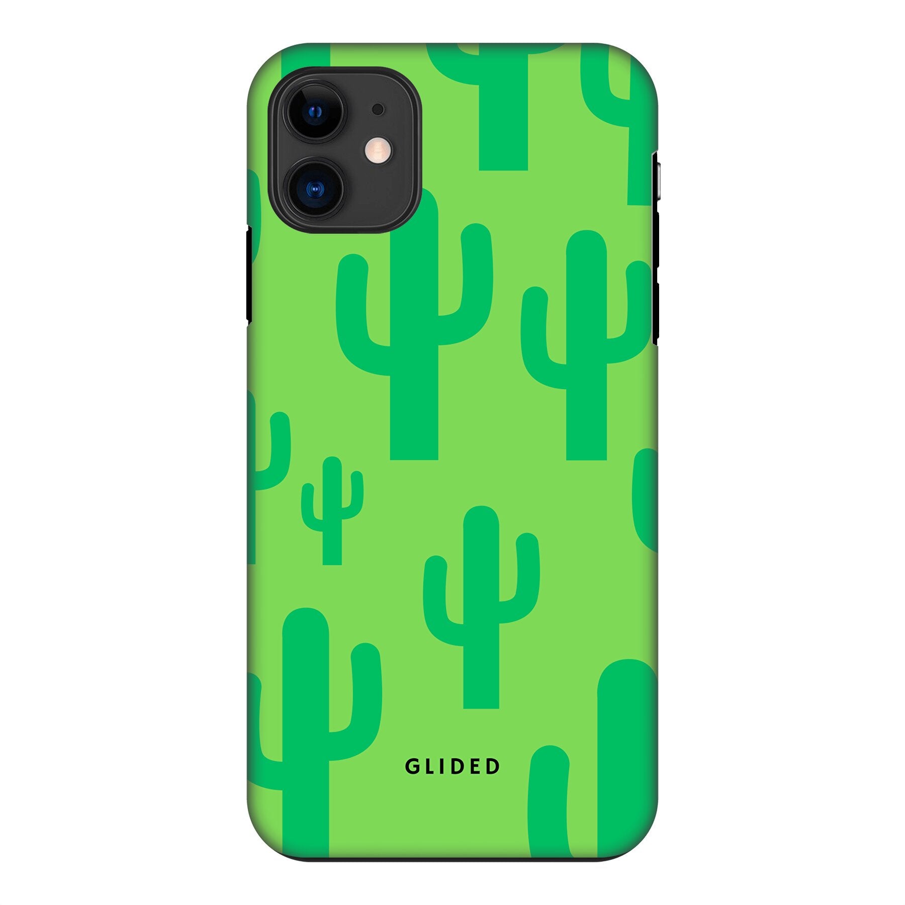 Cactus Spikes iPhone 11 Handyhülle mit lebendigem Kaktusdesign auf grünem Hintergrund, idealer Schutz und Stil.