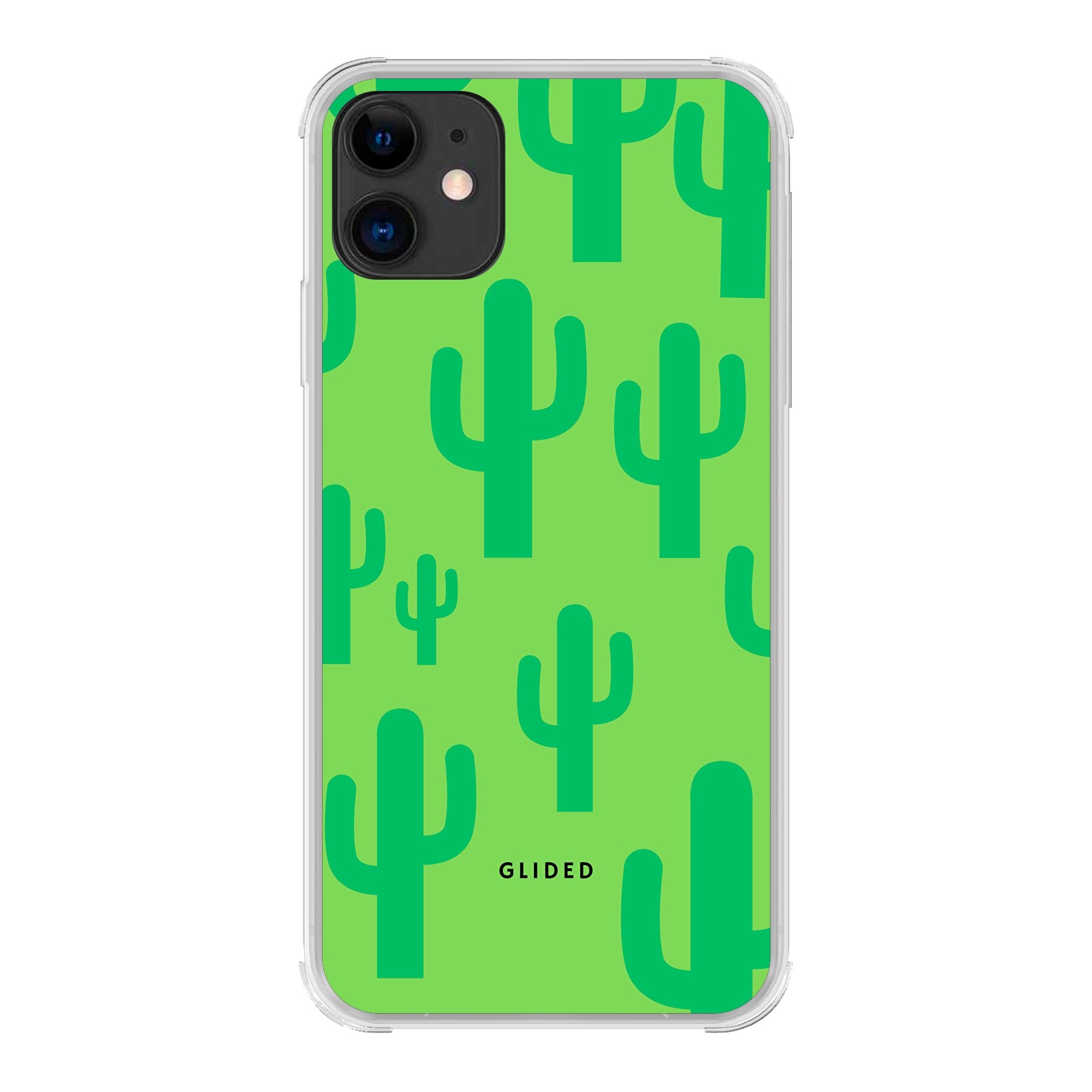 Cactus Spikes iPhone 11 Handyhülle mit lebendigem Kaktusdesign auf grünem Hintergrund, idealer Schutz und Stil.